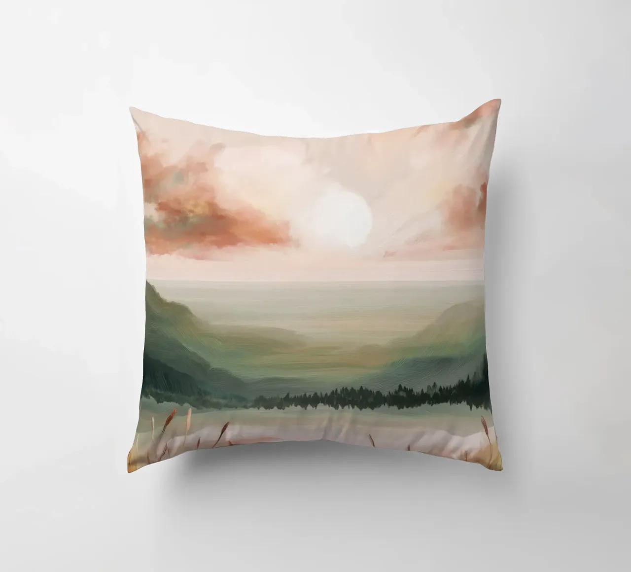 Pastel Landscape Wall Art - Peaceful Lake and Soft Hills cuscino da Dune