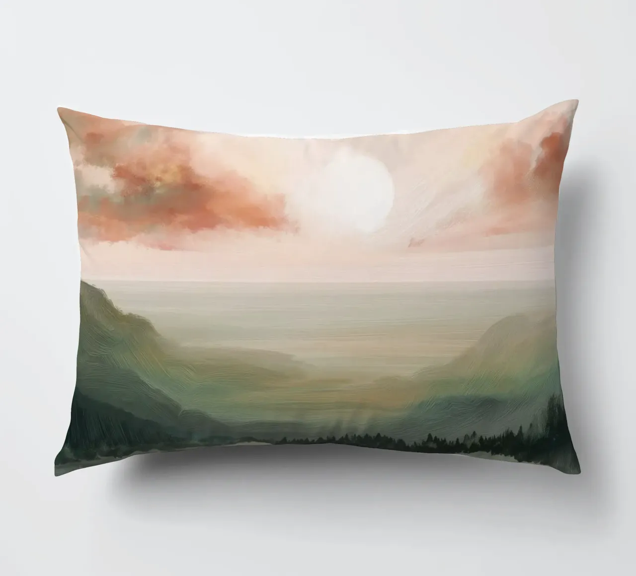 Pastel Landscape Wall Art - Peaceful Lake and Soft Hills cuscino da Dune