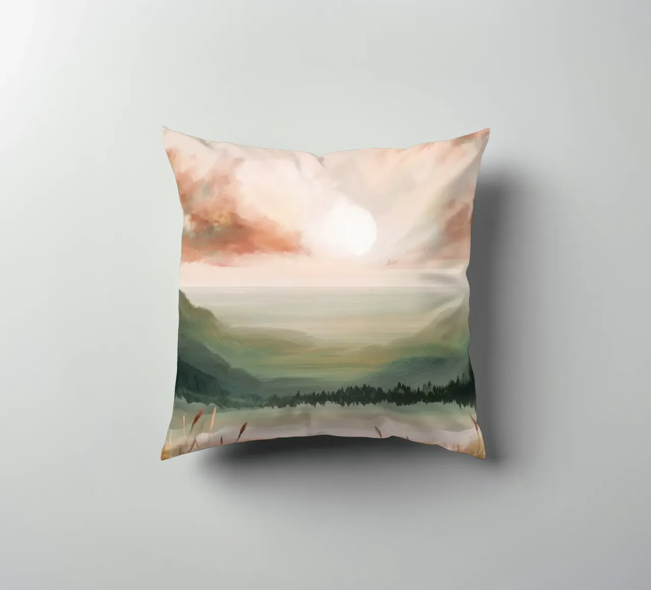 Pastel Landscape Wall Art - Peaceful Lake and Soft Hills cuscino da Dune