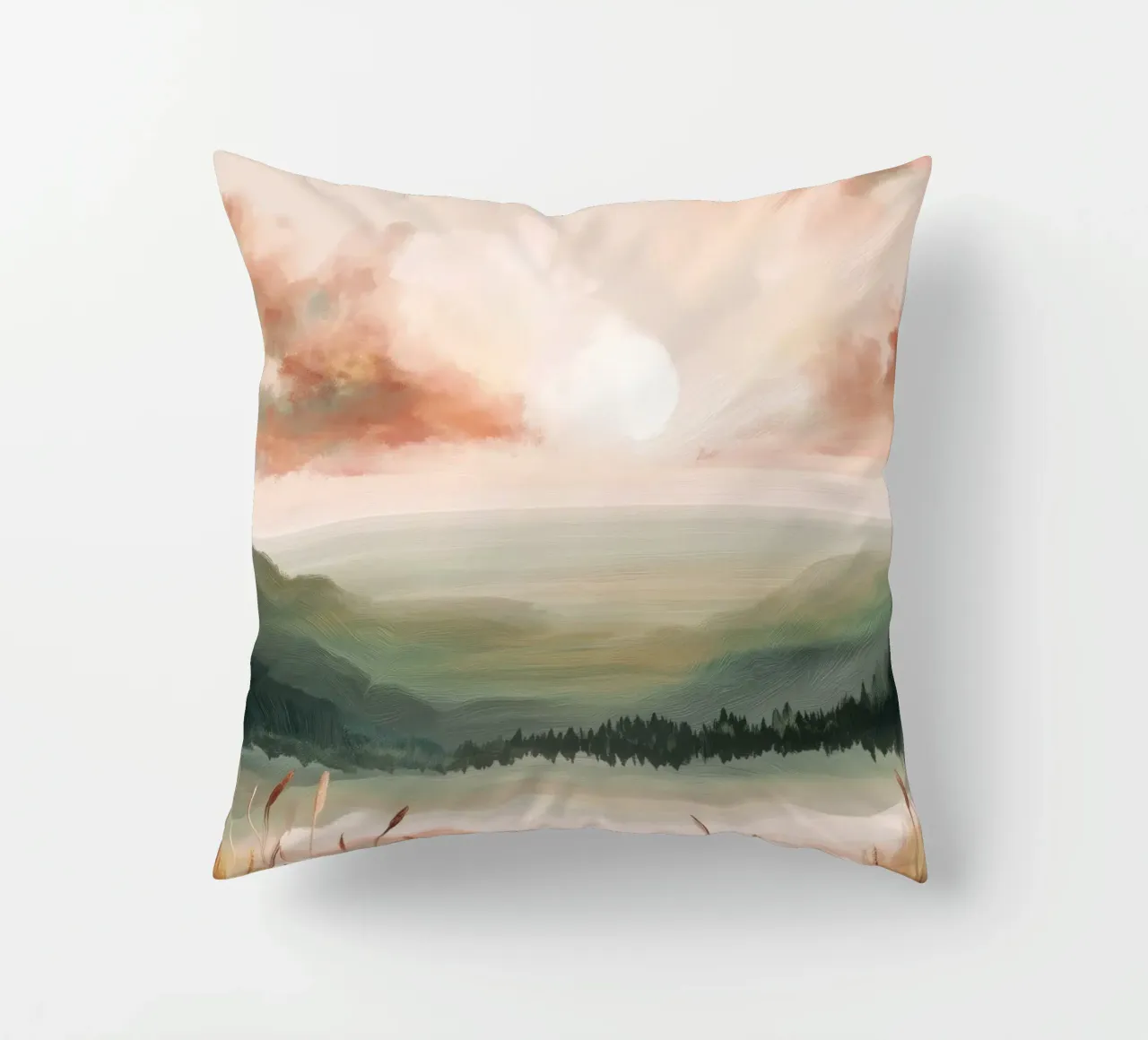 Pastel Landscape Wall Art - Peaceful Lake and Soft Hills cuscino da Dune