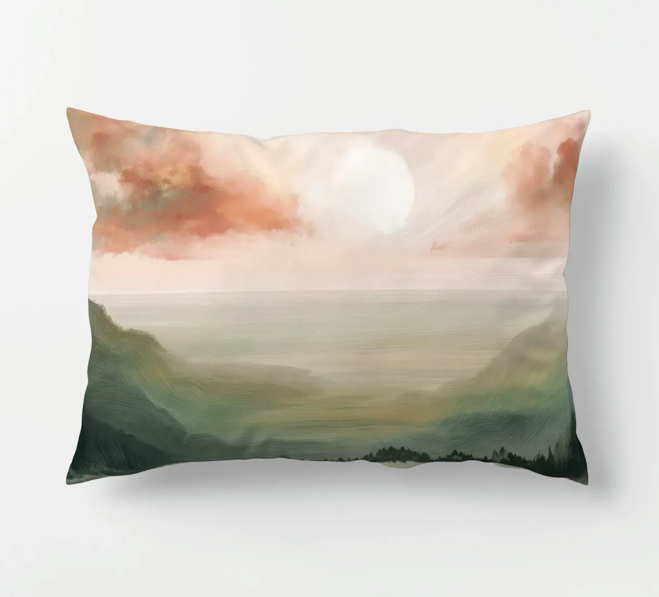 Pastel Landscape Wall Art - Peaceful Lake and Soft Hills cuscino da Dune