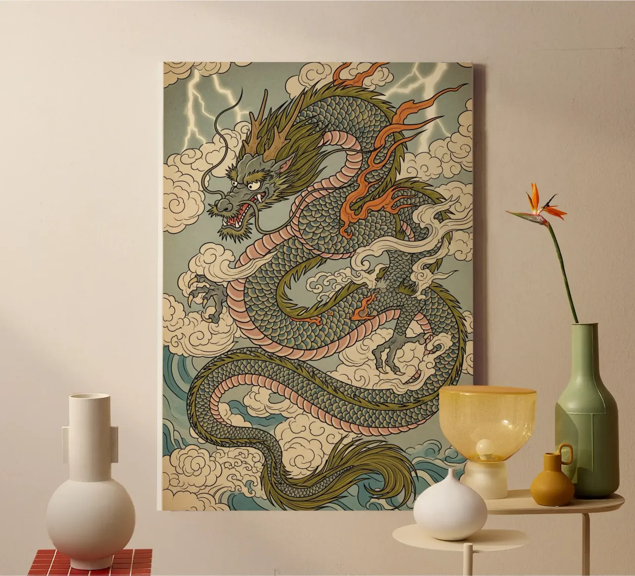 Draak in Japanse vintage stijl canvas met Baklijst van Lembayung art
