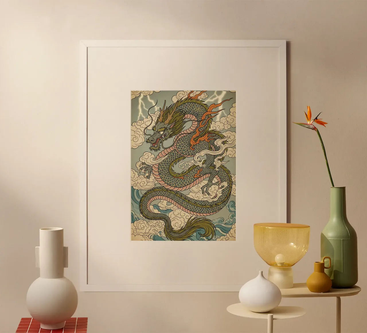 Drago in stile vintage giapponese poster con telaio in legno da Lembayung art
