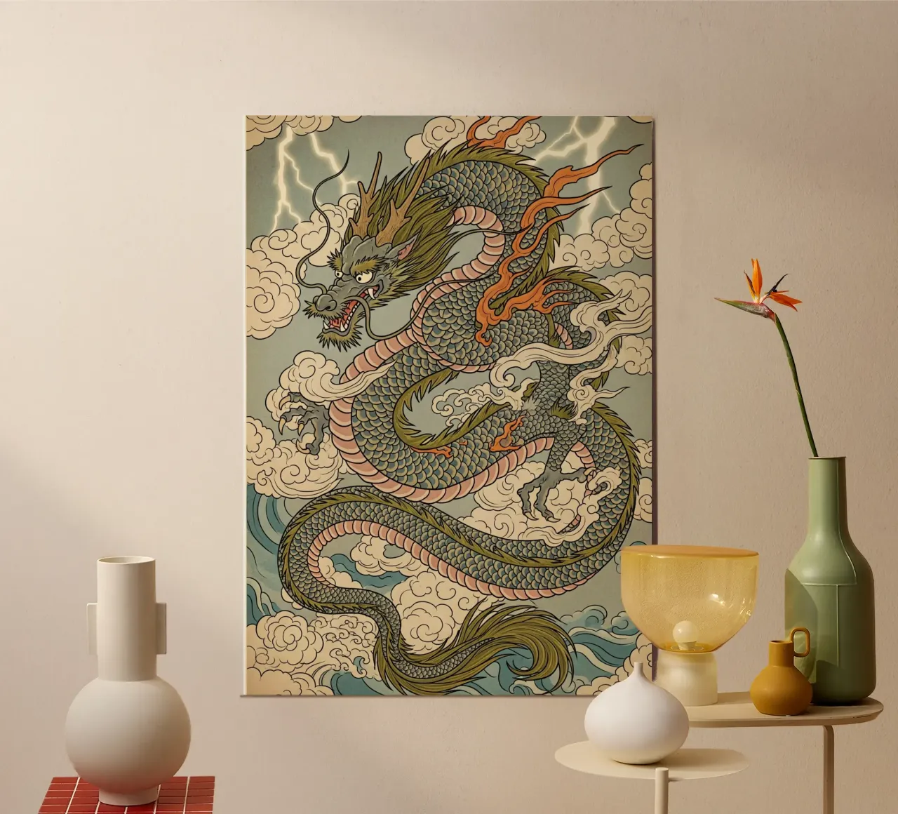 Drago in stile vintage giapponese poster con telaio in legno da Lembayung art