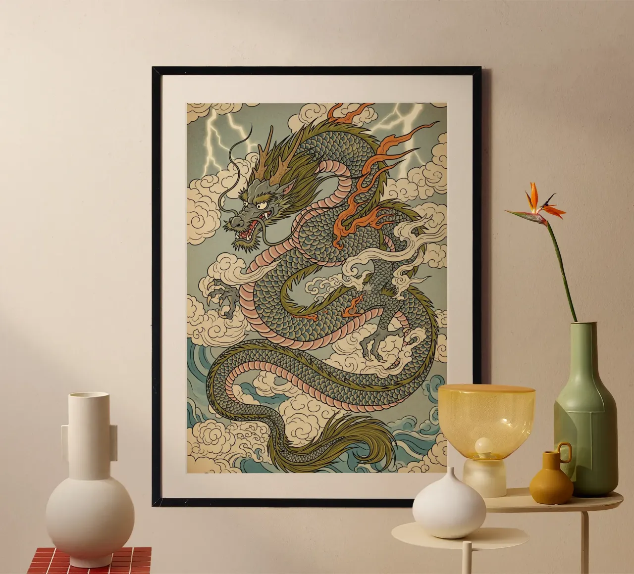 Drago in stile vintage giapponese poster con telaio in legno da Lembayung art