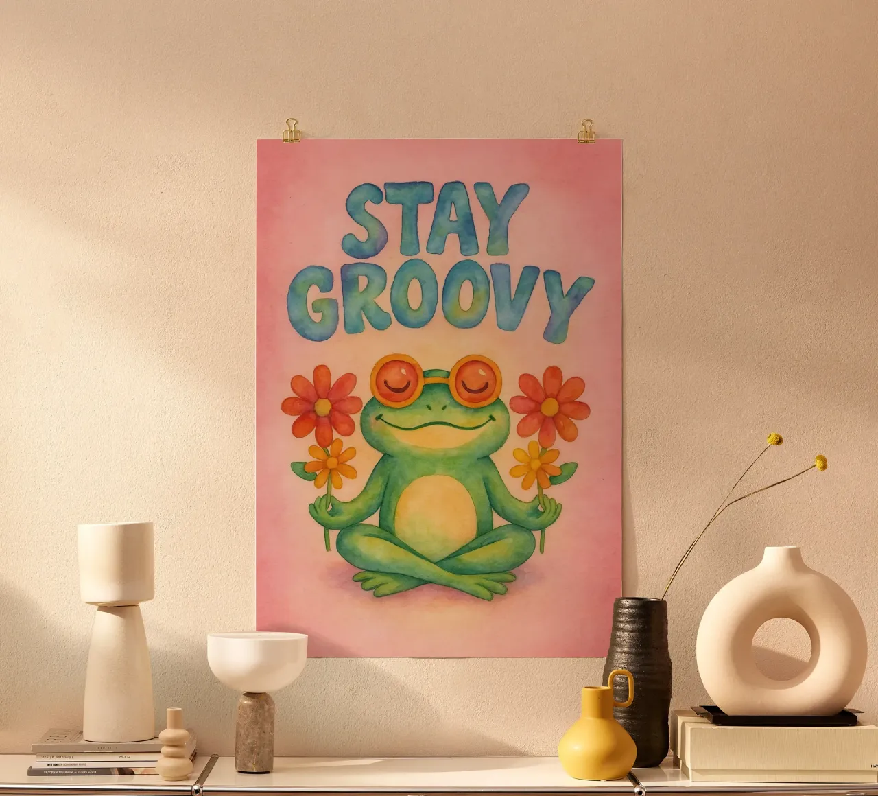 pittura d'arte della rana groovy poster con telaio in legno da Mutiaram