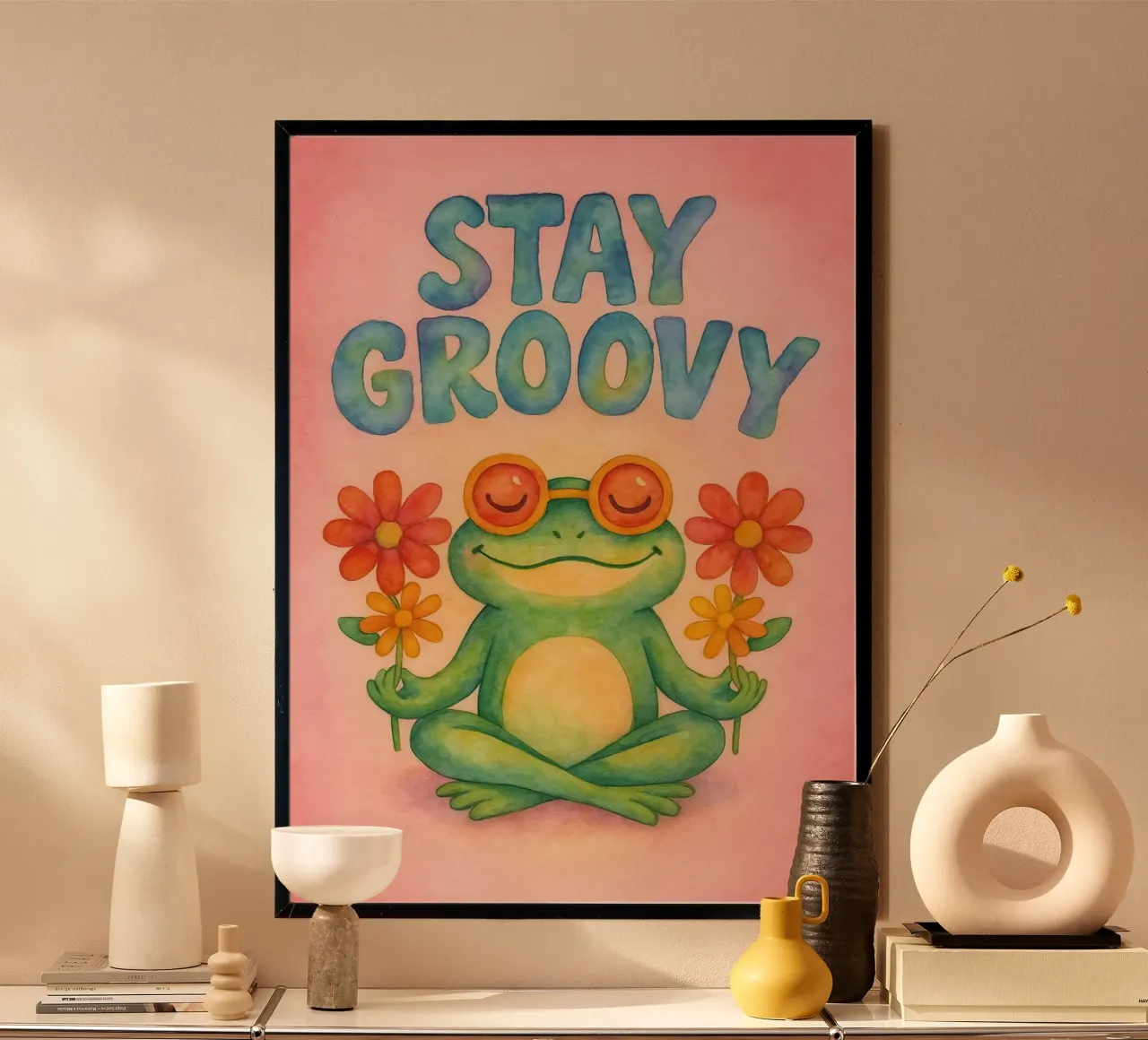 pittura d'arte della rana groovy poster con telaio in legno da Mutiaram