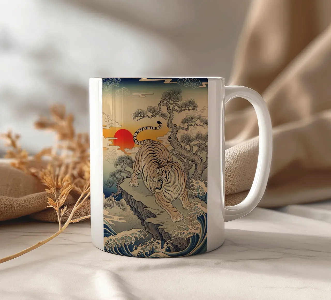 Tiger - Japanese vintage style ceramic mug by Lembayung art