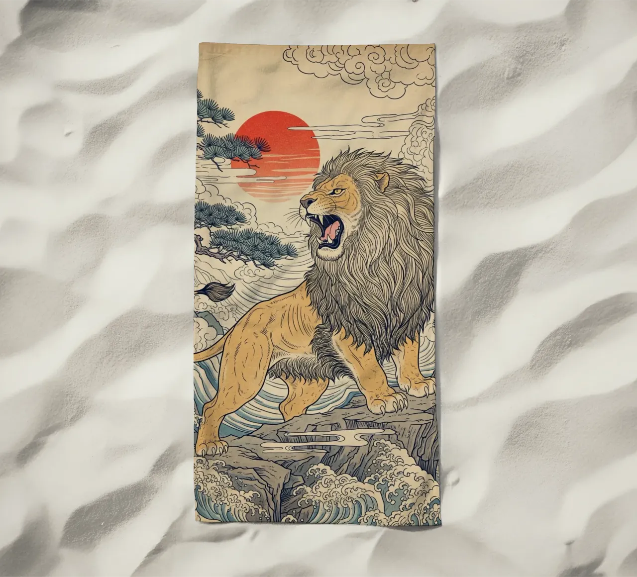 Lion - Japanese vintage style beach towel by Lembayung art