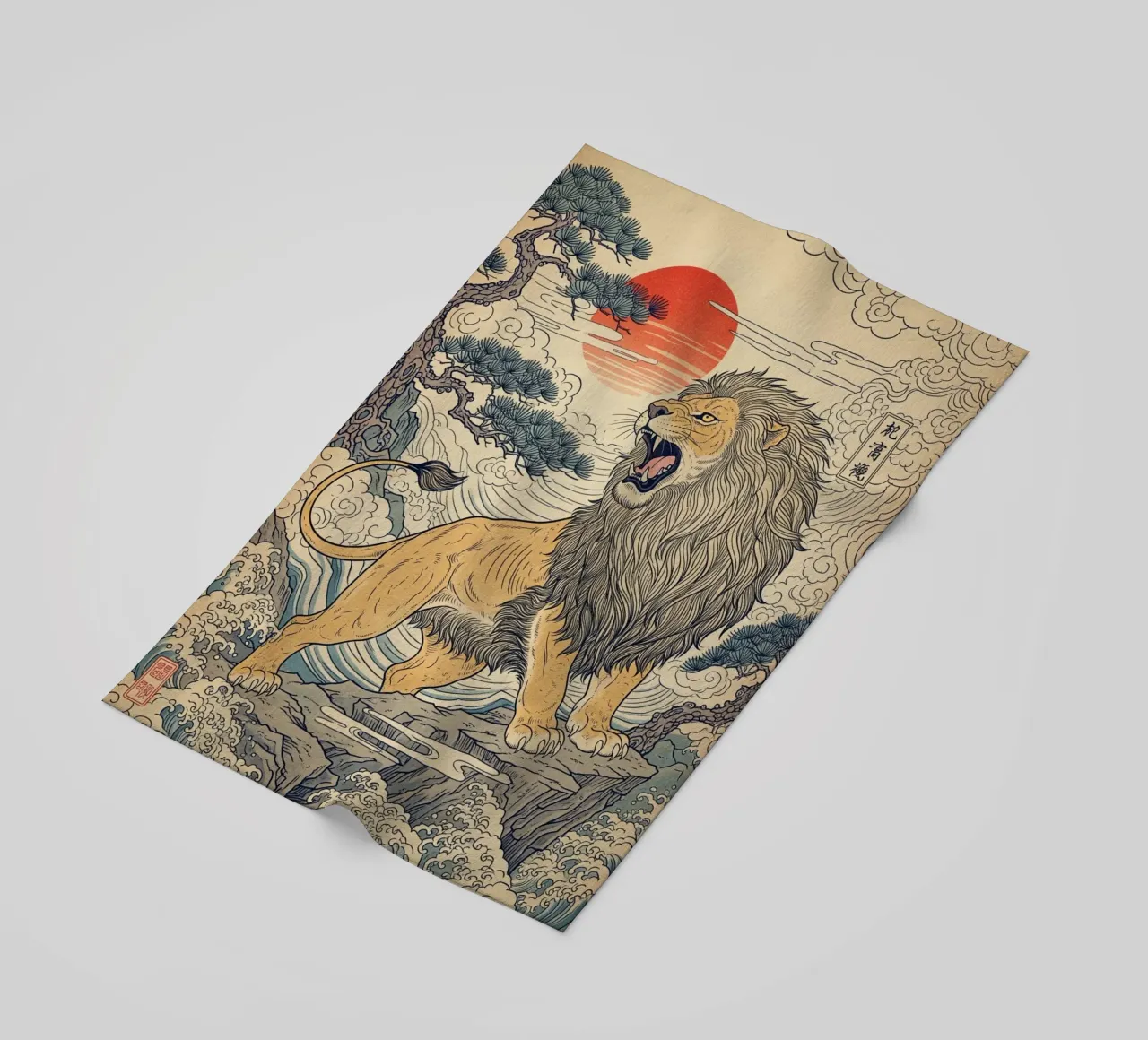 Lion - Japanese vintage style beach towel by Lembayung art