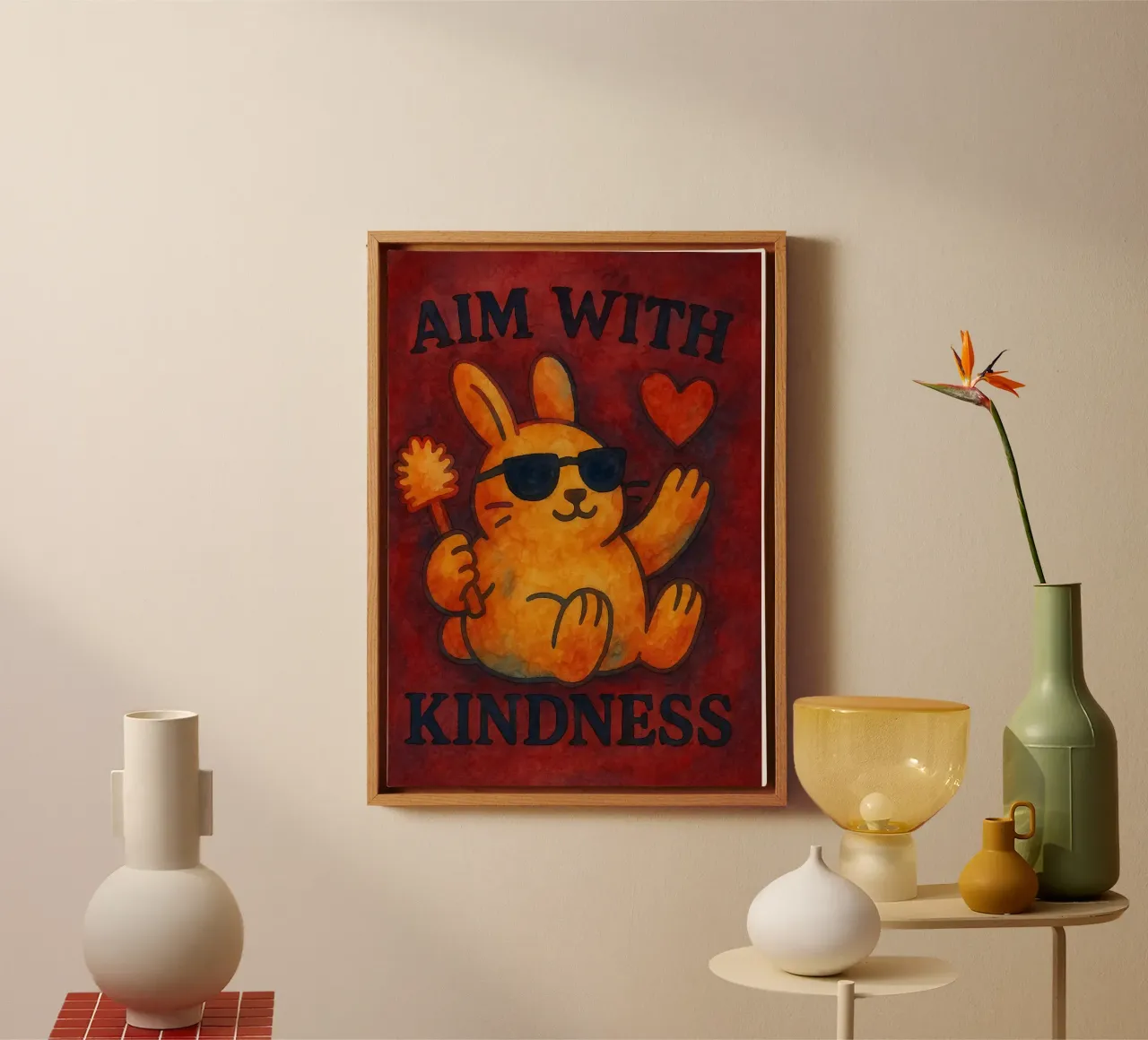 aim with kindness rabbit art drawing canvas with Floater frame by pasadenan