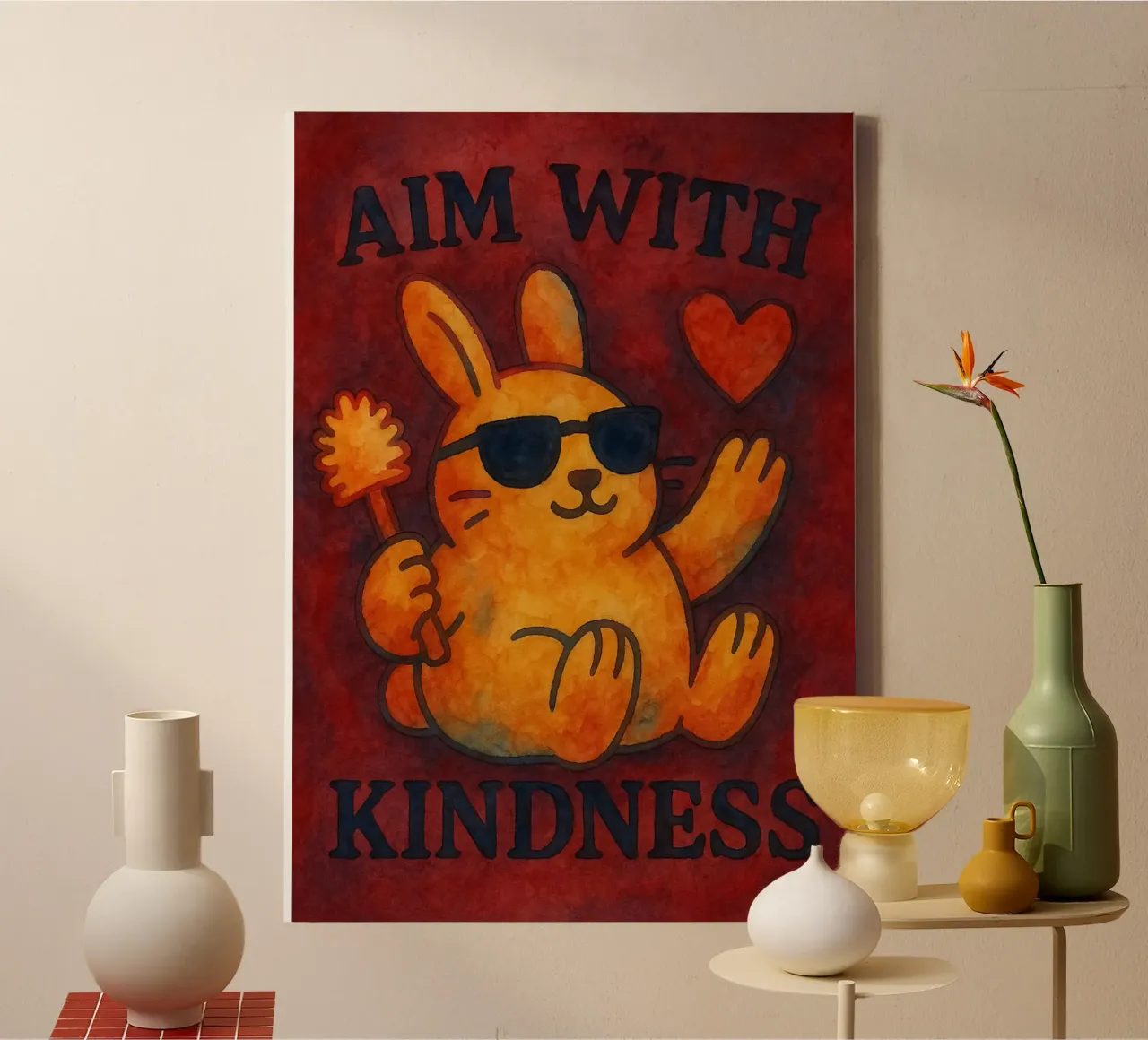 aim with kindness rabbit art drawing canvas with Floater frame by pasadenan