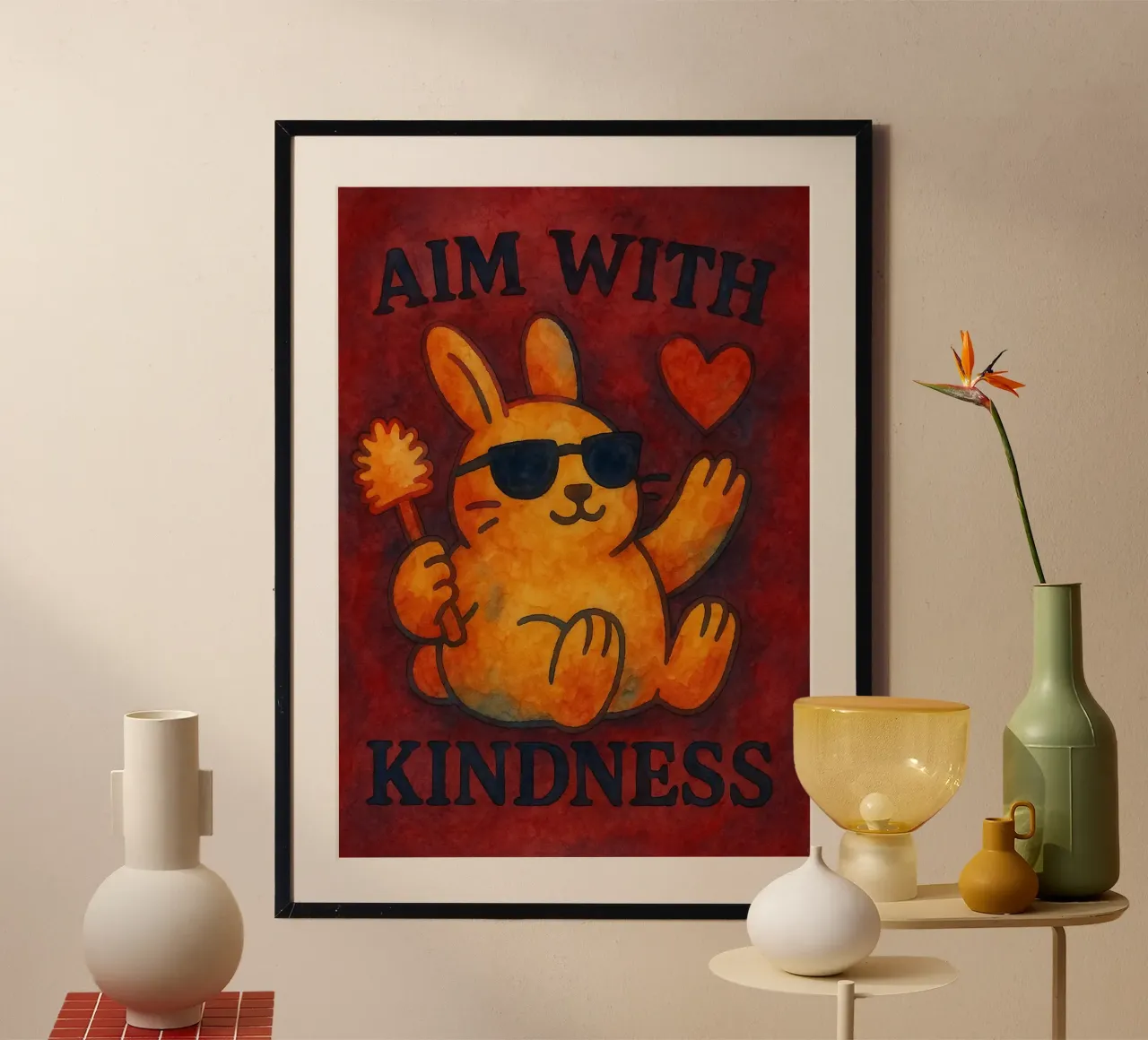 aim with kindness rabbit art drawing poster by pasadenan