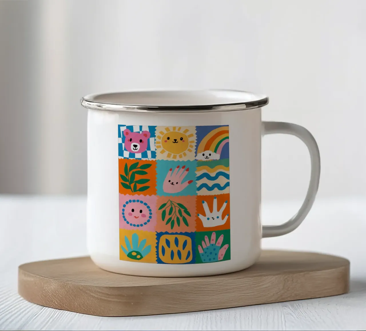 Cute Character Patchwork enamel mug by Selene Shade