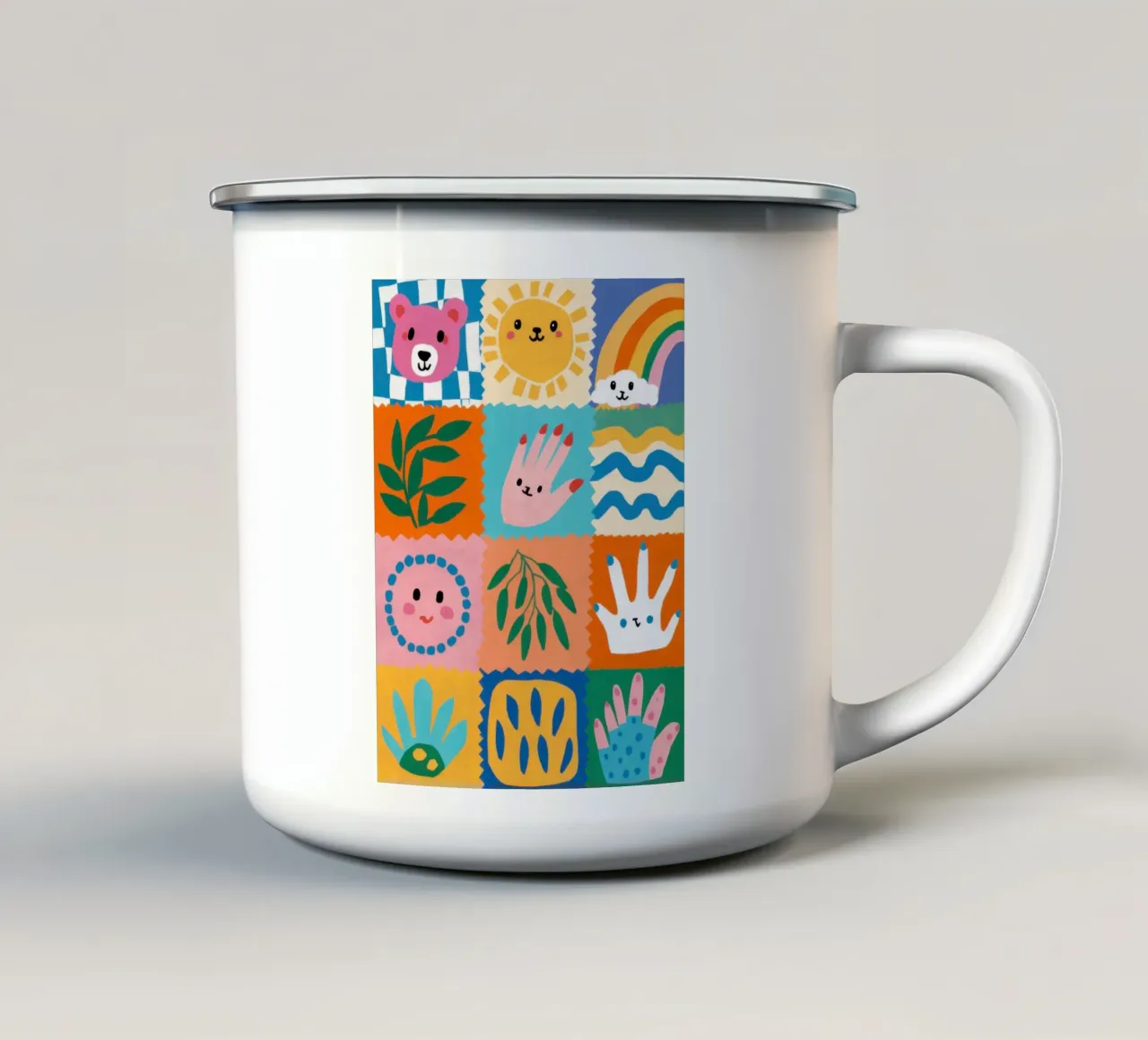 Cute Character Patchwork enamel mug by Selene Shade
