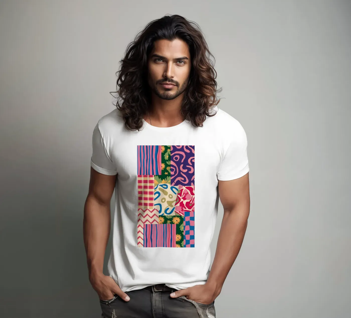 Patchwork krabbelpatroon t-shirt van Obs Canvas