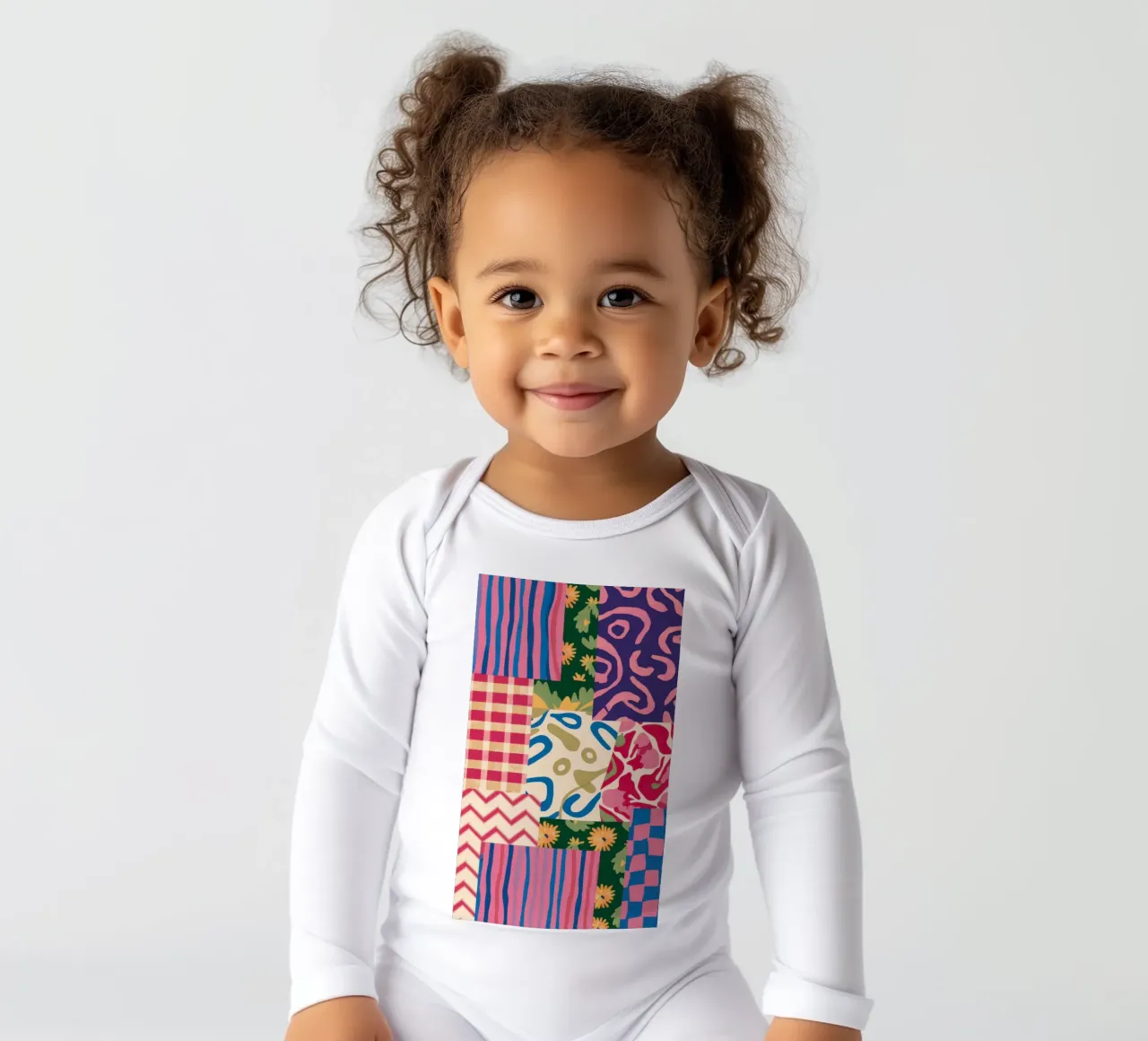 Patchwork Scribble Pattern long-sleeve baby romper by Obs Canvas