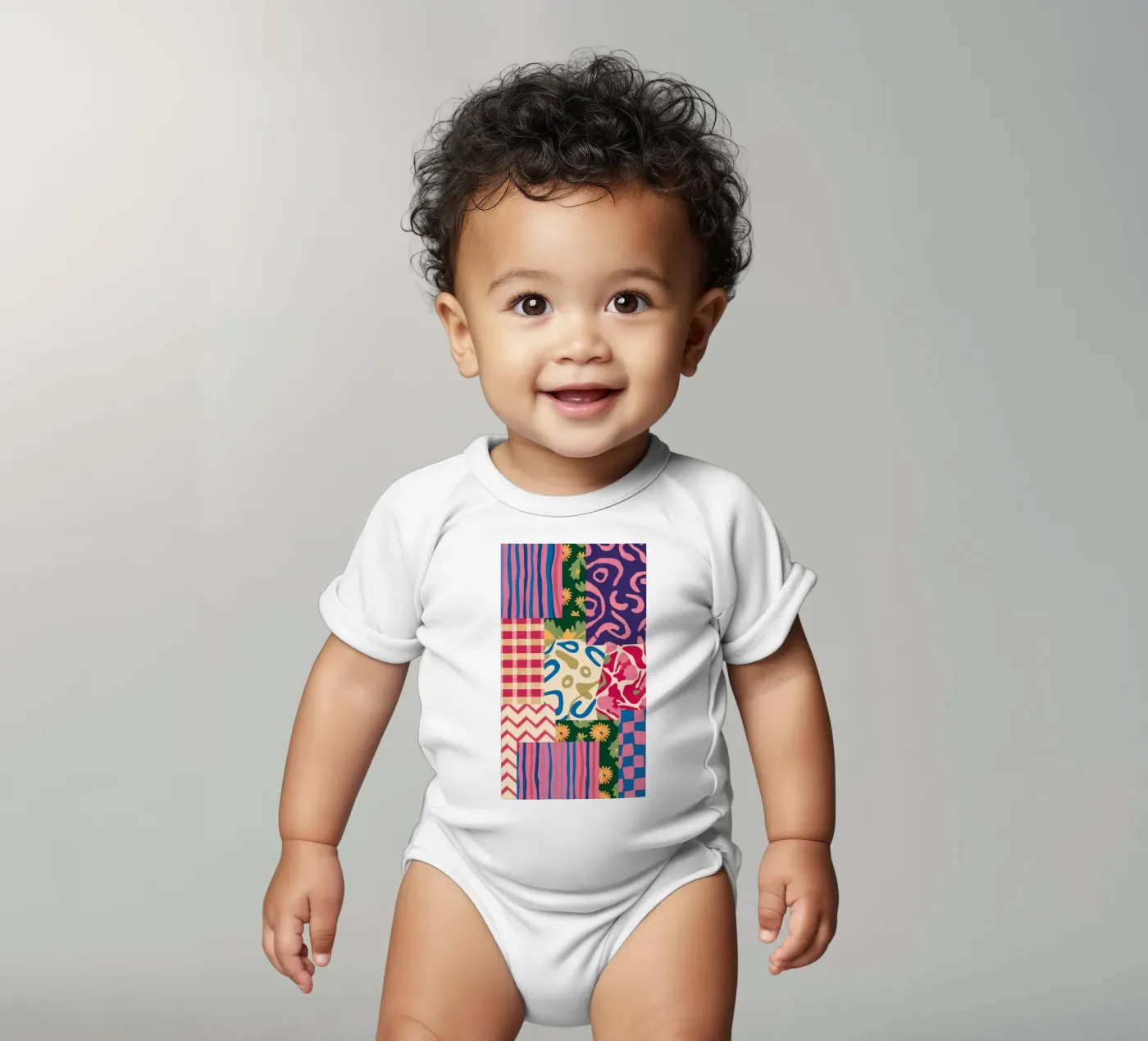 Patchwork Scribble Pattern short-sleeve baby romper by Obs Canvas