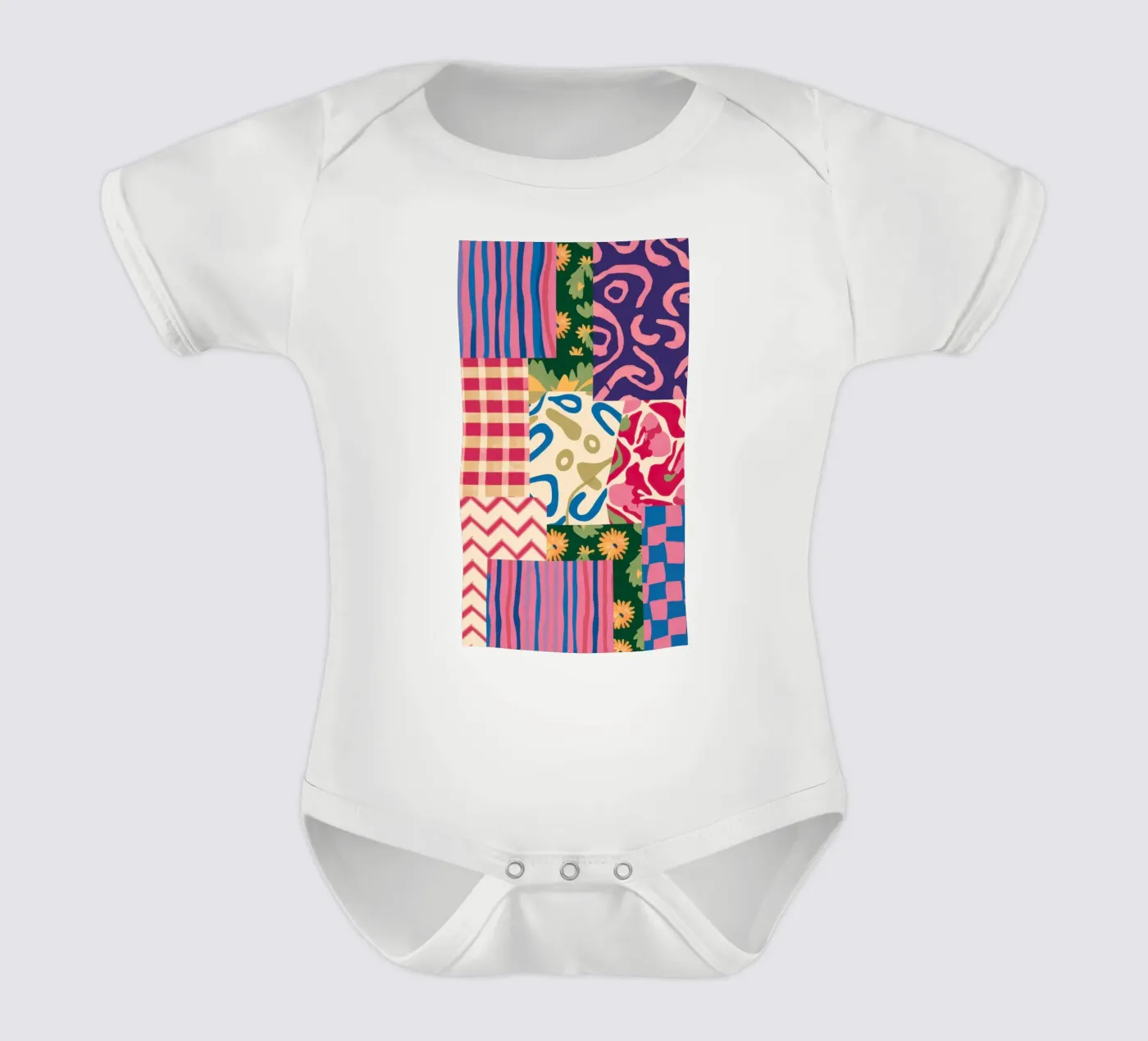 Patchwork Scribble Pattern short-sleeve baby romper by Obs Canvas