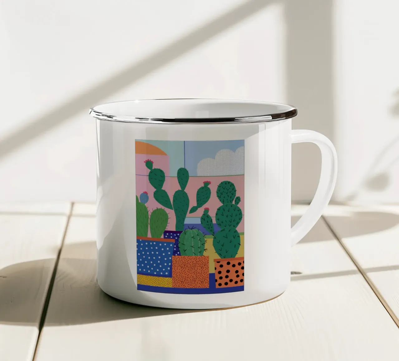 Finestra con cactus colorati tazza in smalto da Thistle Bloom