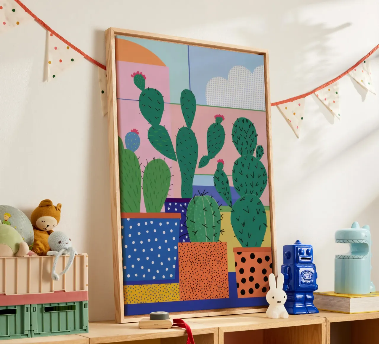 Kleurrijk cactusvenster canvas met Baklijst van Thistle Bloom