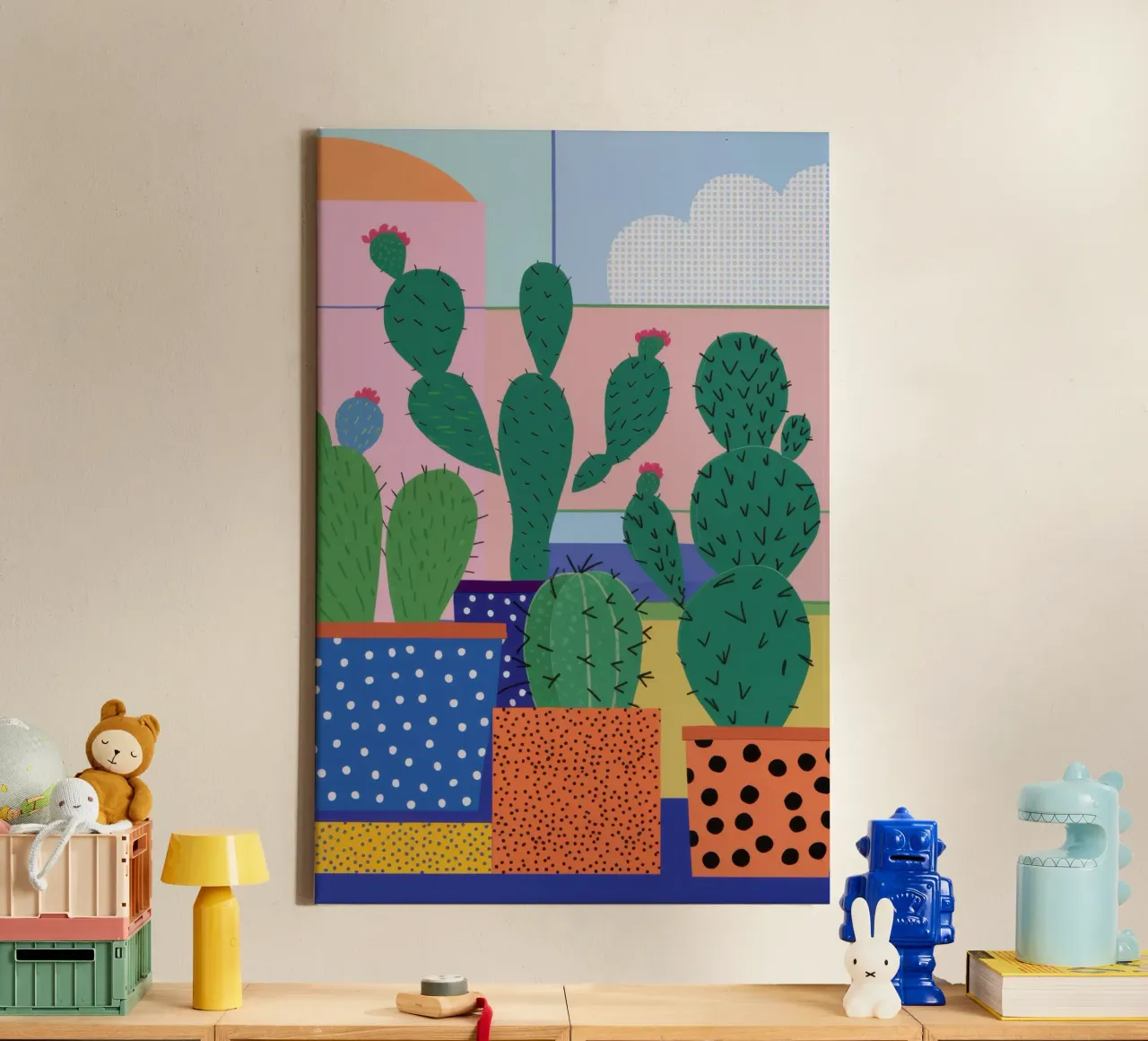 Kleurrijk cactusvenster canvas met Baklijst van Thistle Bloom