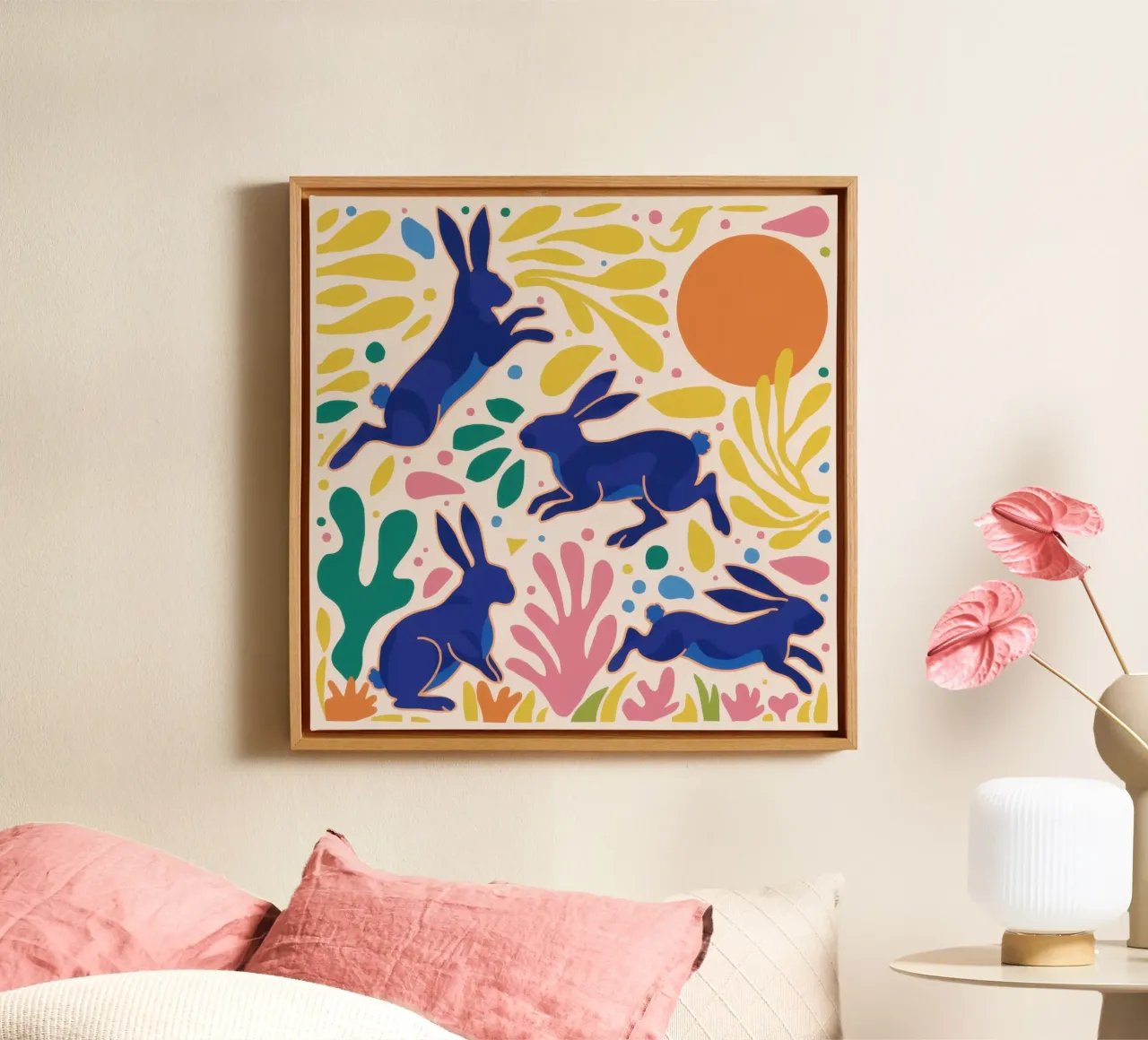 Blue Rabbit Dance canvas with Floater frame by Irish Strokes