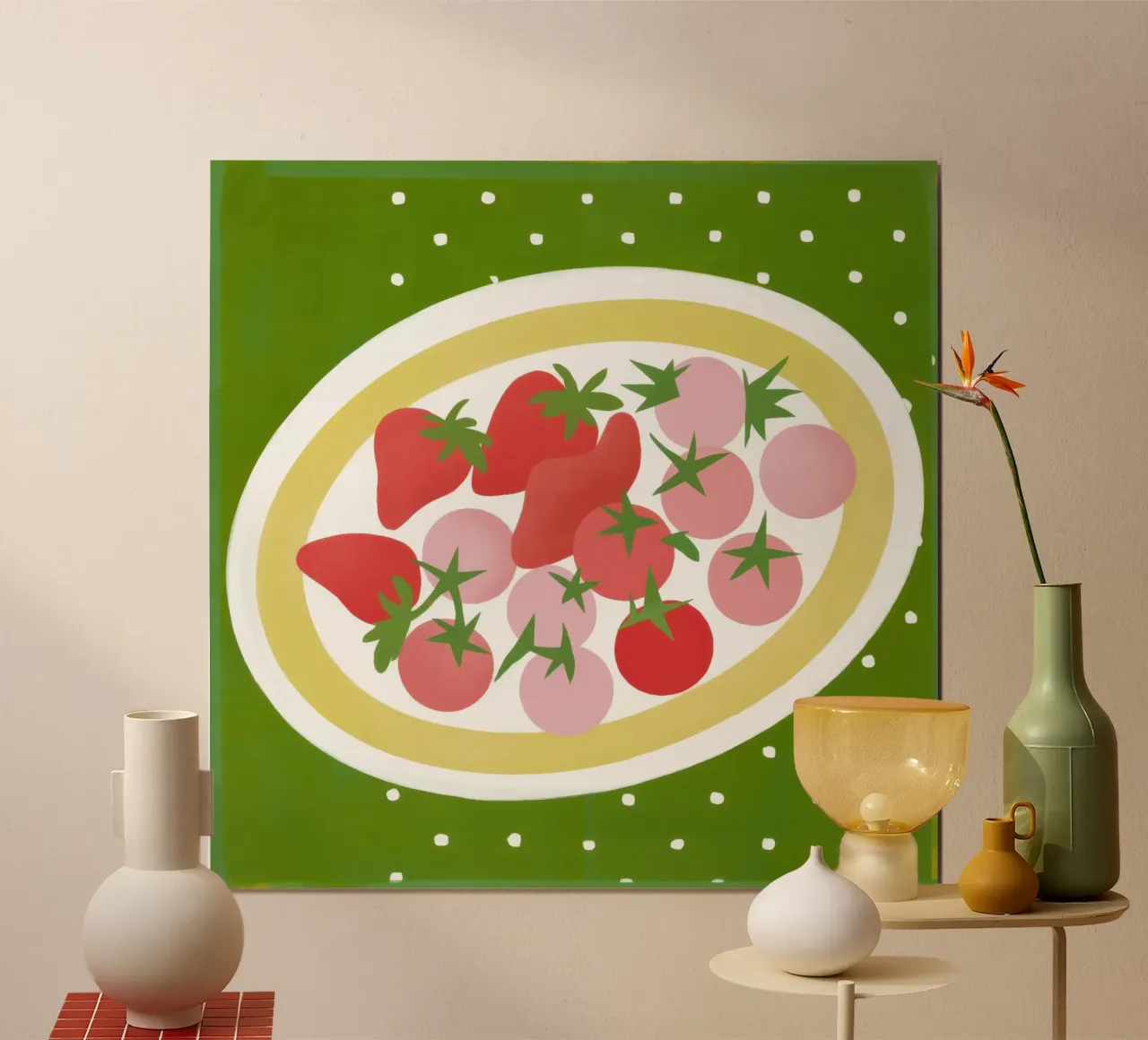 Piatto di fragole fresche poster con telaio in alluminio da Irish Strokes