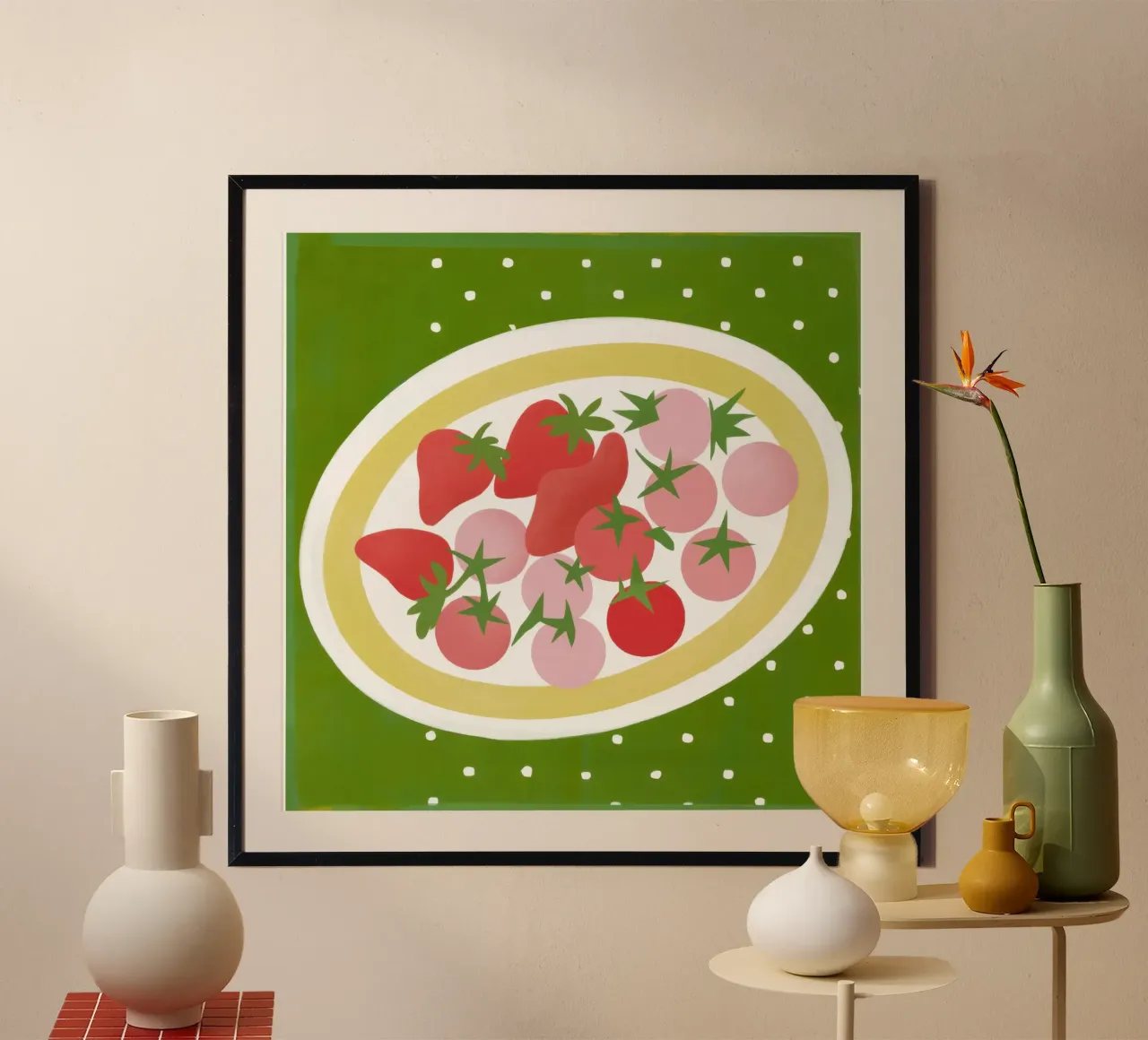 Piatto di fragole fresche poster con telaio in alluminio da Irish Strokes