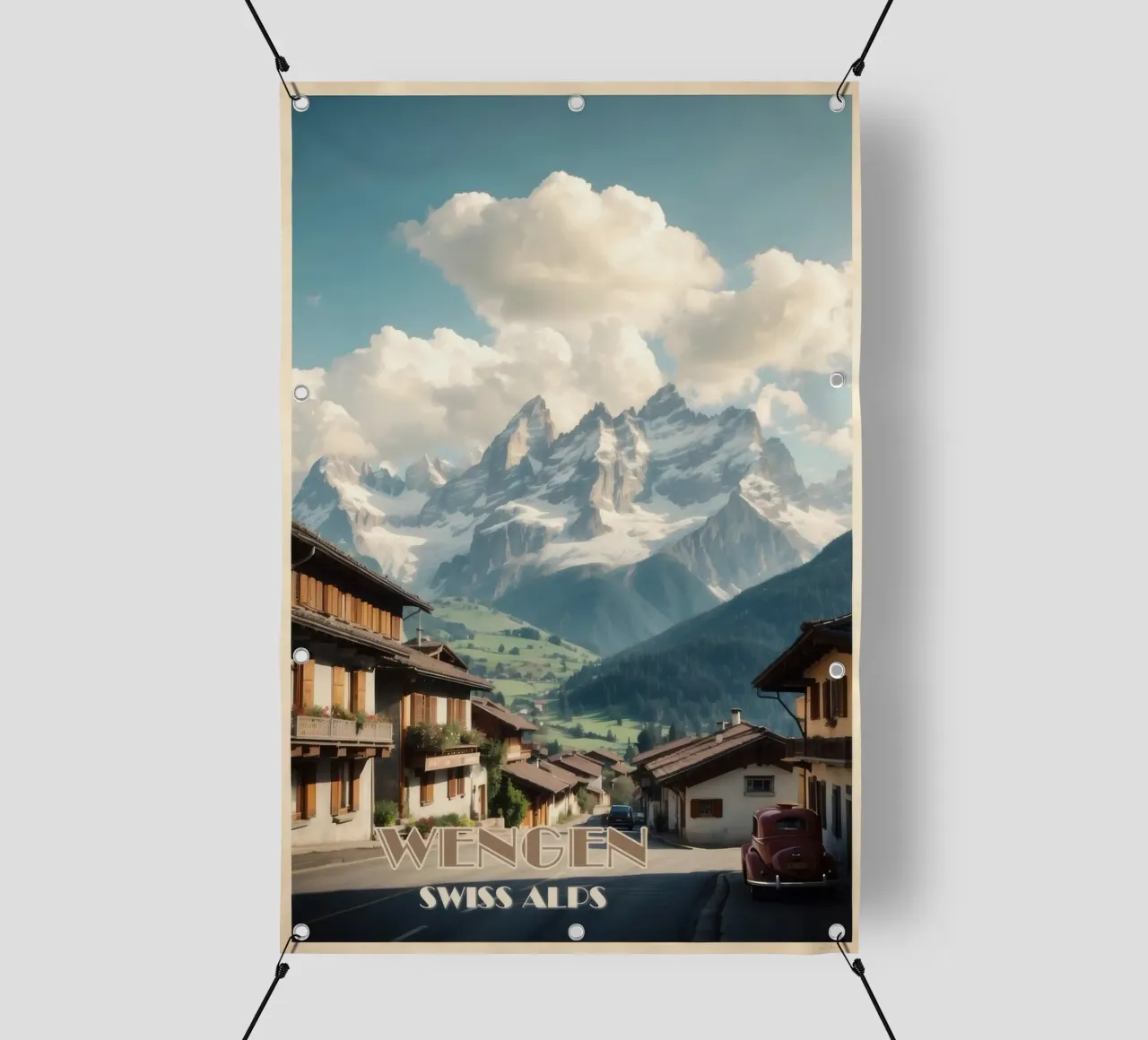 Poster di viaggio d'epoca Wengen - Alpi svizzere telo in pvc da Hollyhully
