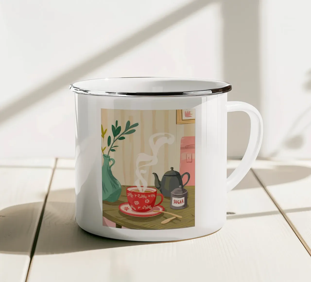 Gemütlicher Kamingesprächstee Emaille Tasse von Thistle Bloom