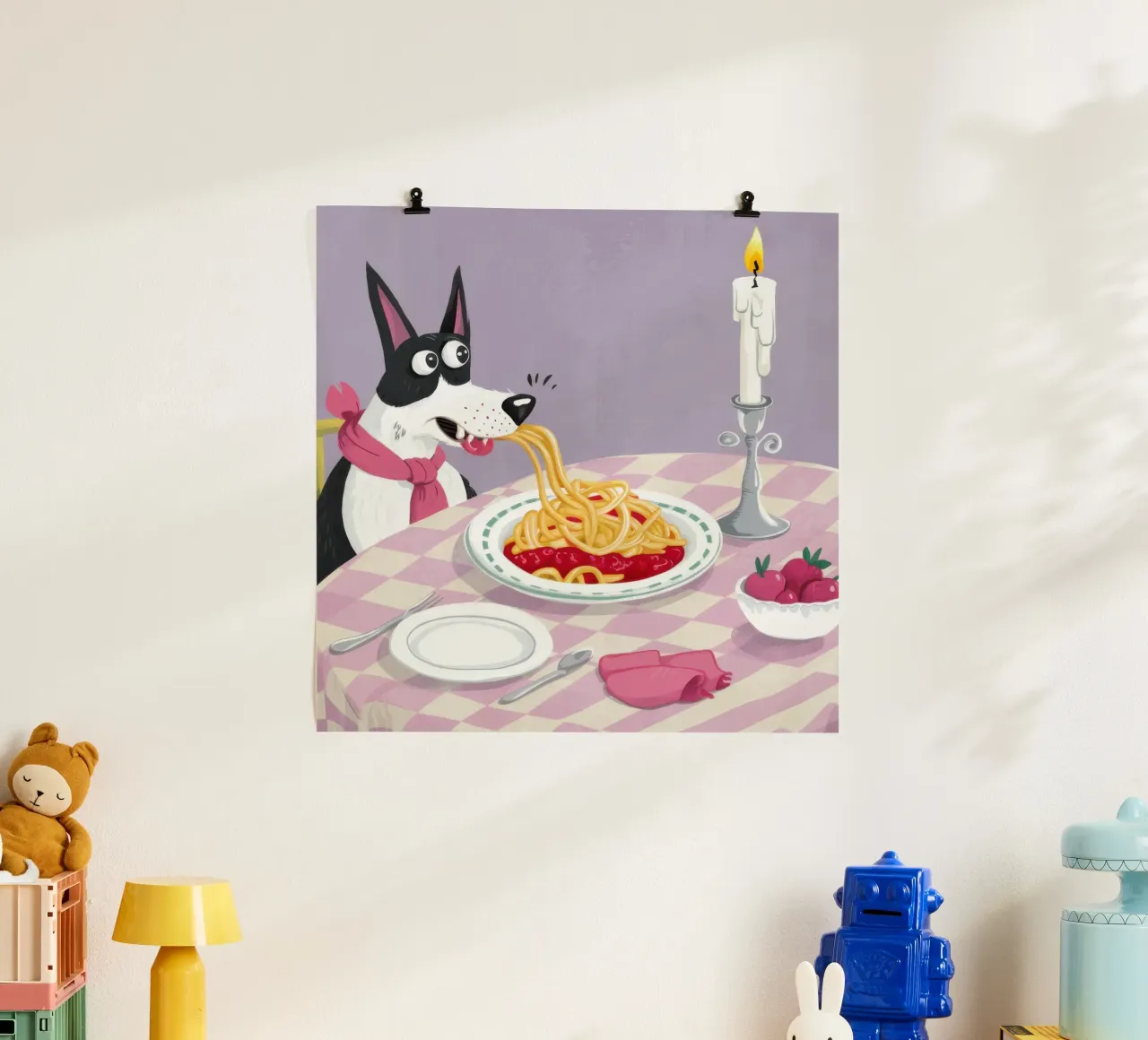 Dog Spaghetti Night poster con telaio in legno da Selene Shade