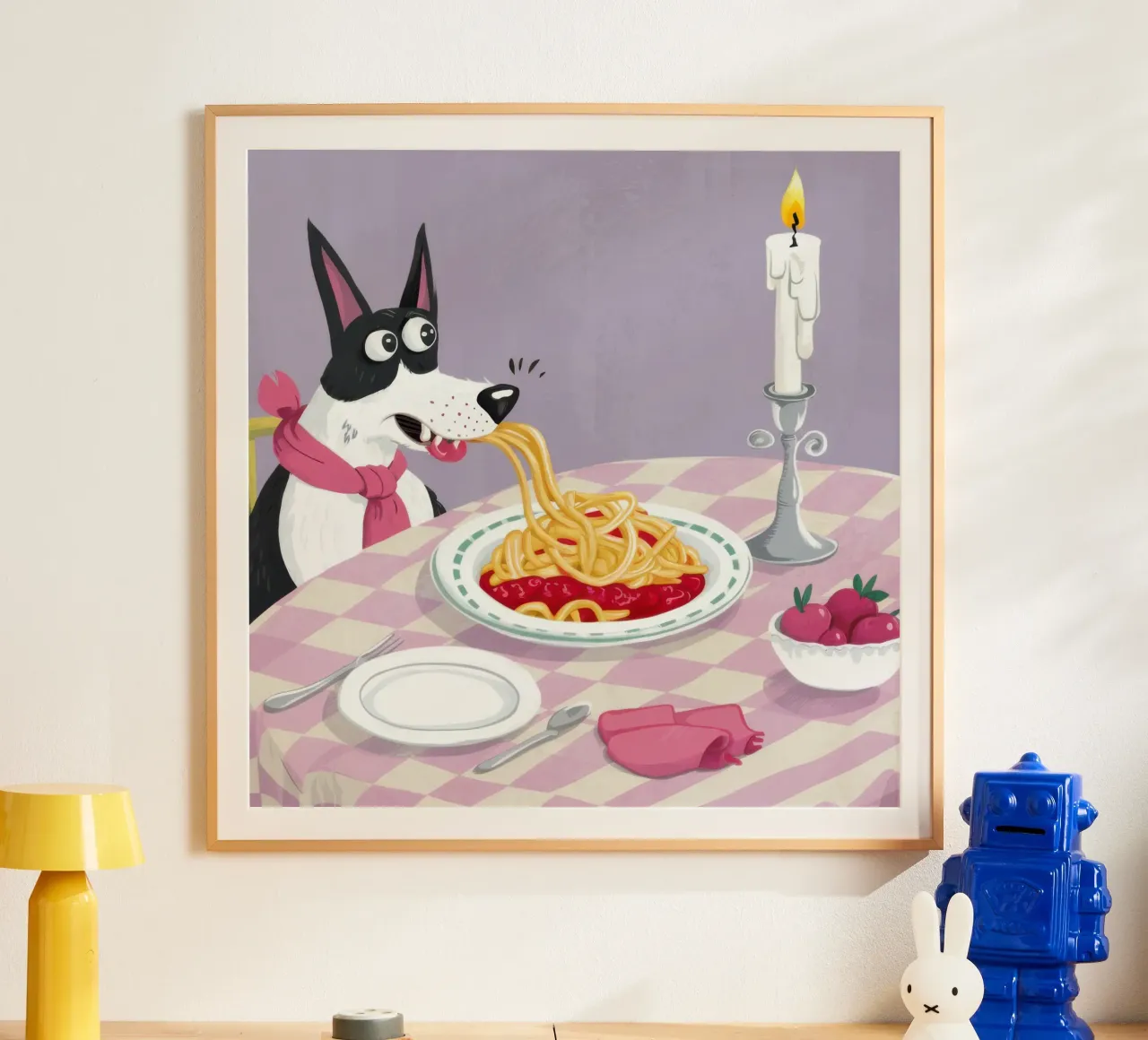 Dog Spaghetti Night poster con telaio in legno da Selene Shade