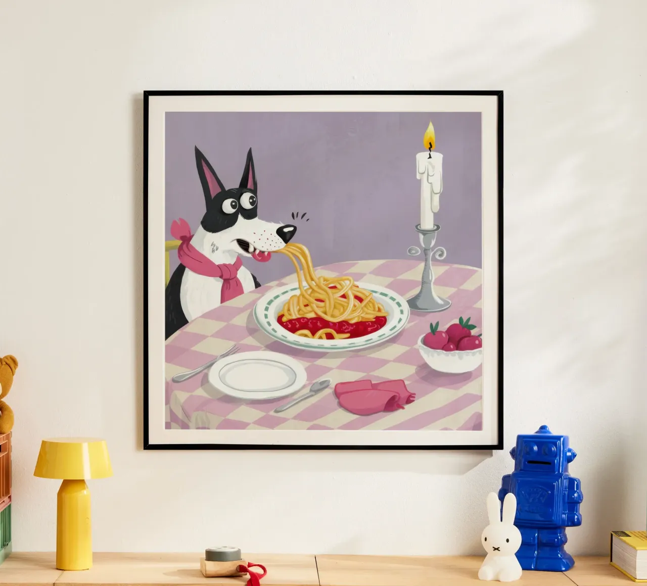 Dog Spaghetti Night poster con telaio in legno da Selene Shade