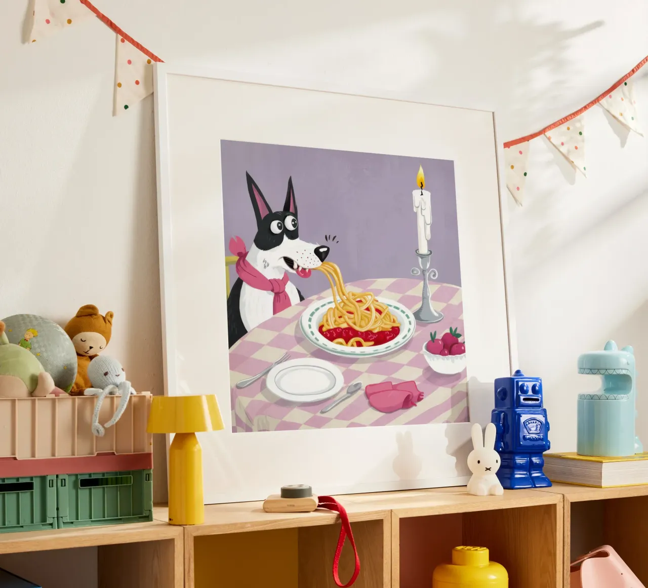 Dog Spaghetti Night poster con telaio in legno da Selene Shade