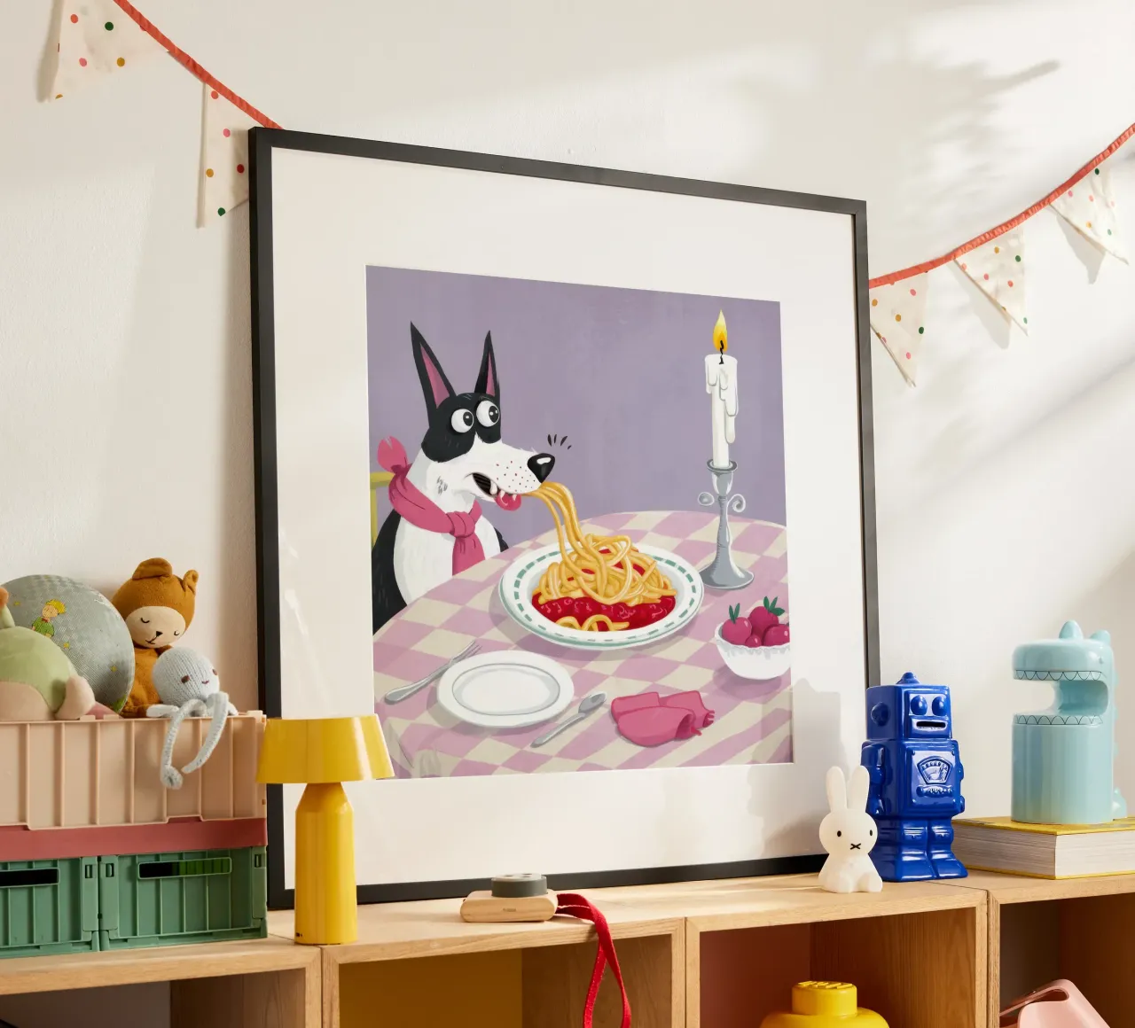Dog Spaghetti Night poster con telaio in legno da Selene Shade