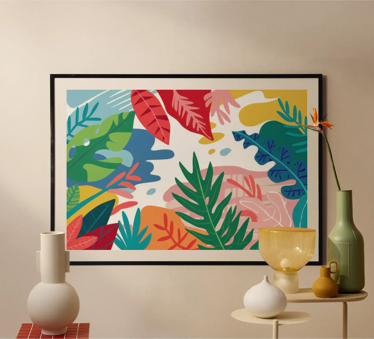 Giungla arcobaleno lussureggiante poster con telaio in legno da Thistle Bloom