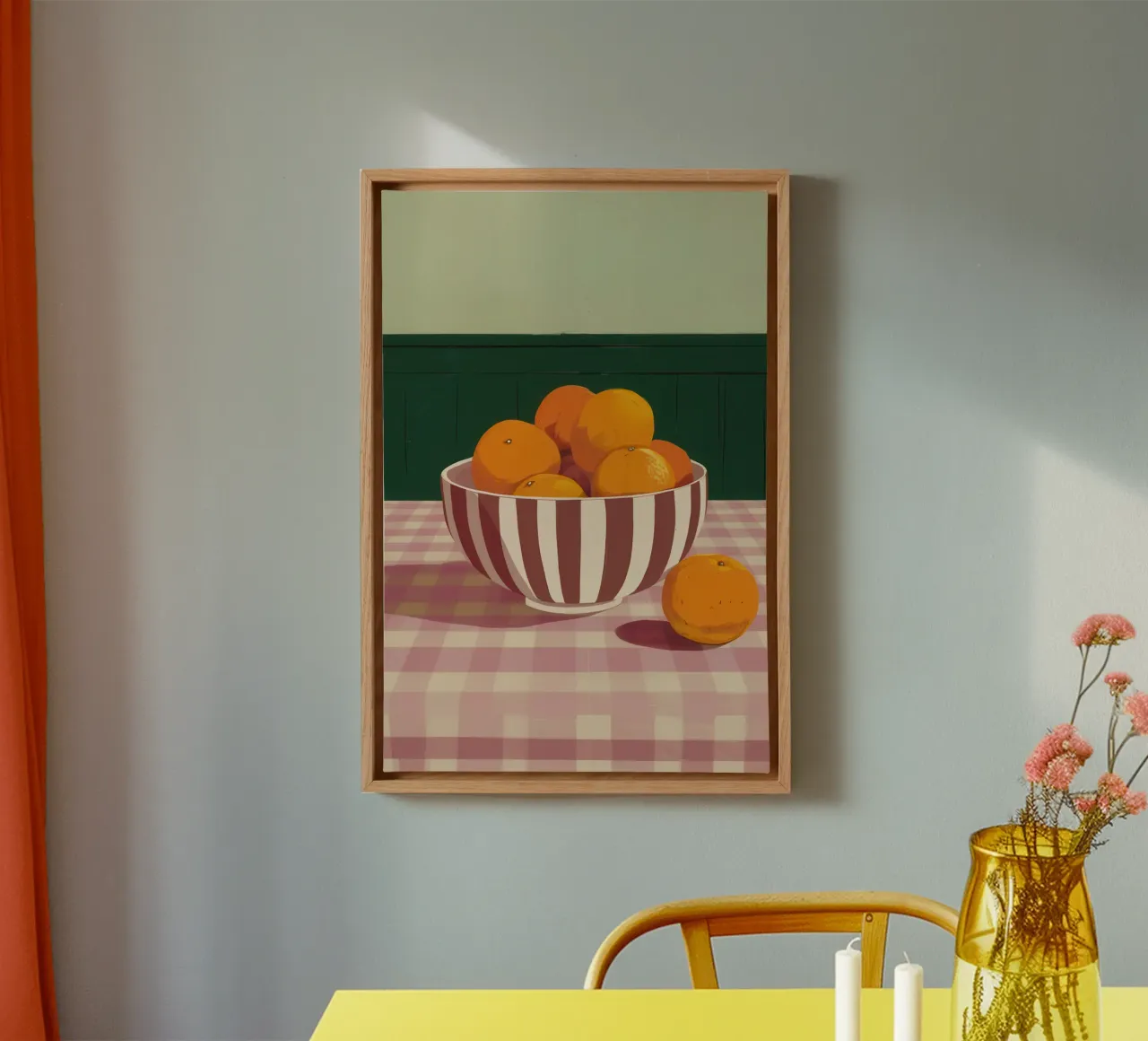 Checkered Table Oranges canvas with Floater frame by Luna Aura