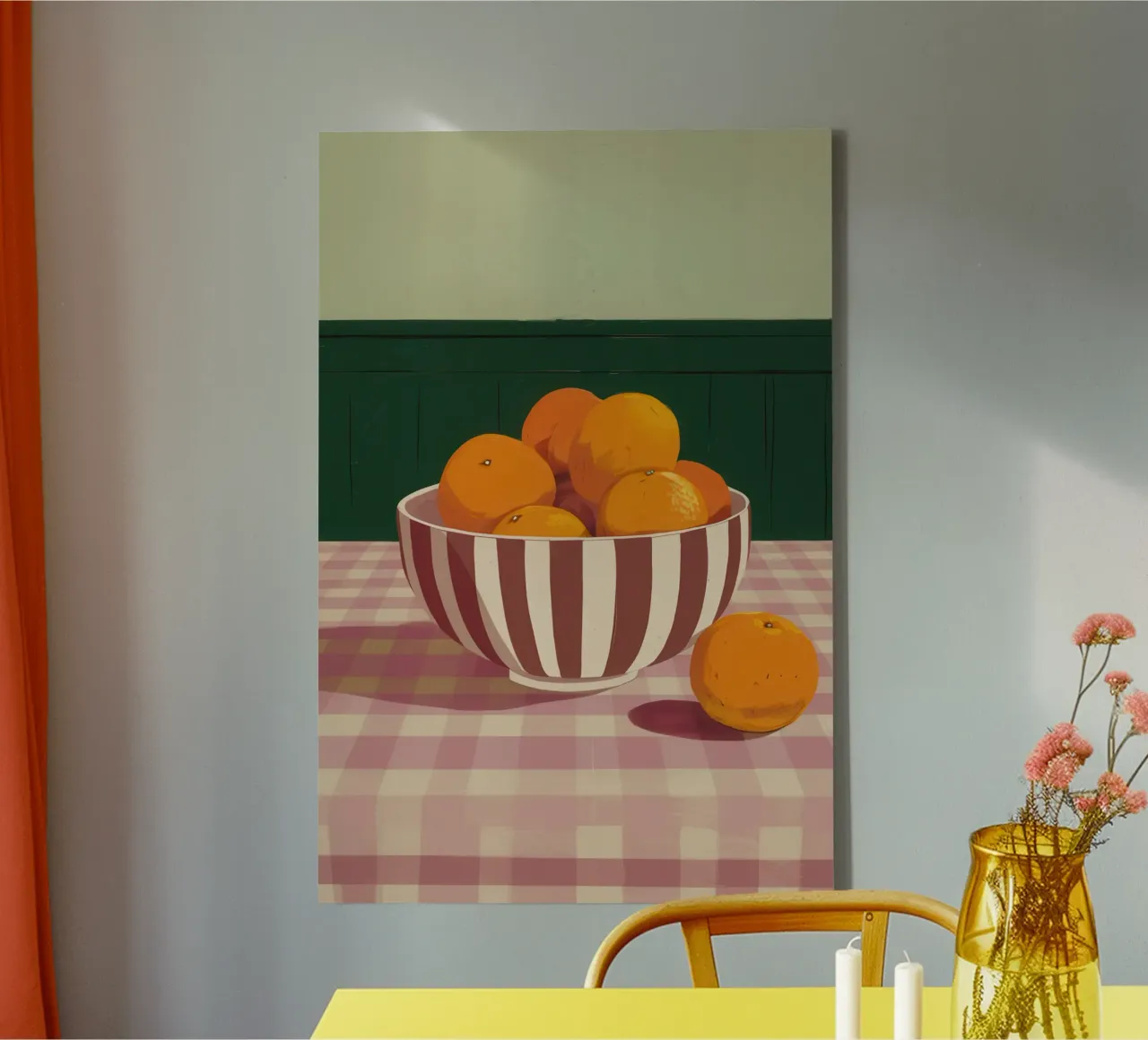 Checkered Table Oranges canvas with Floater frame by Luna Aura