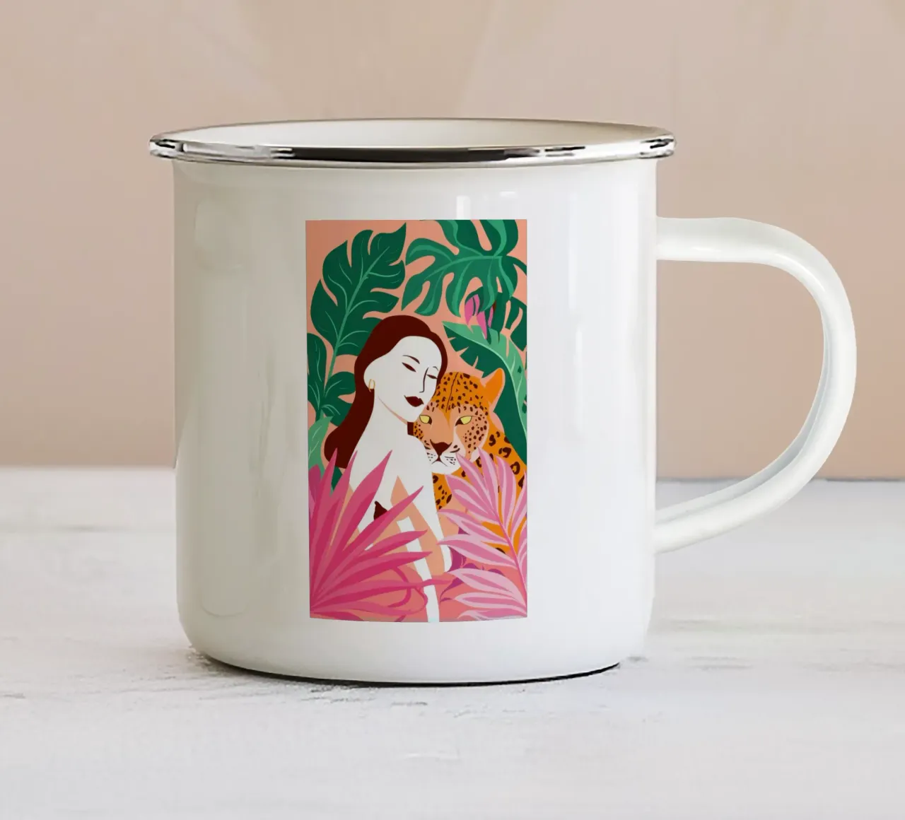 Vrouw en haar luipaard emaille mok van Thistle Bloom