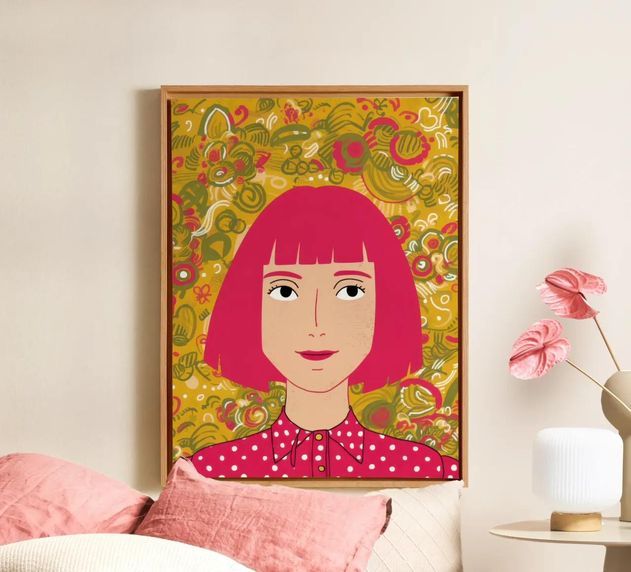 Capelli rosa a pois gialli tela con Cornice a cassetta da Selene Shade