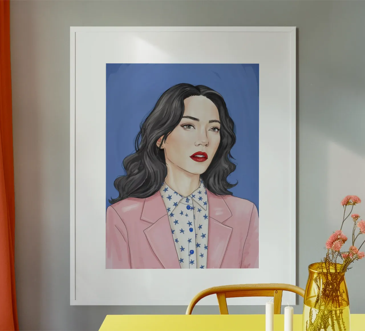 Donna con blazer rosa poster con telaio in legno da Selene Shade