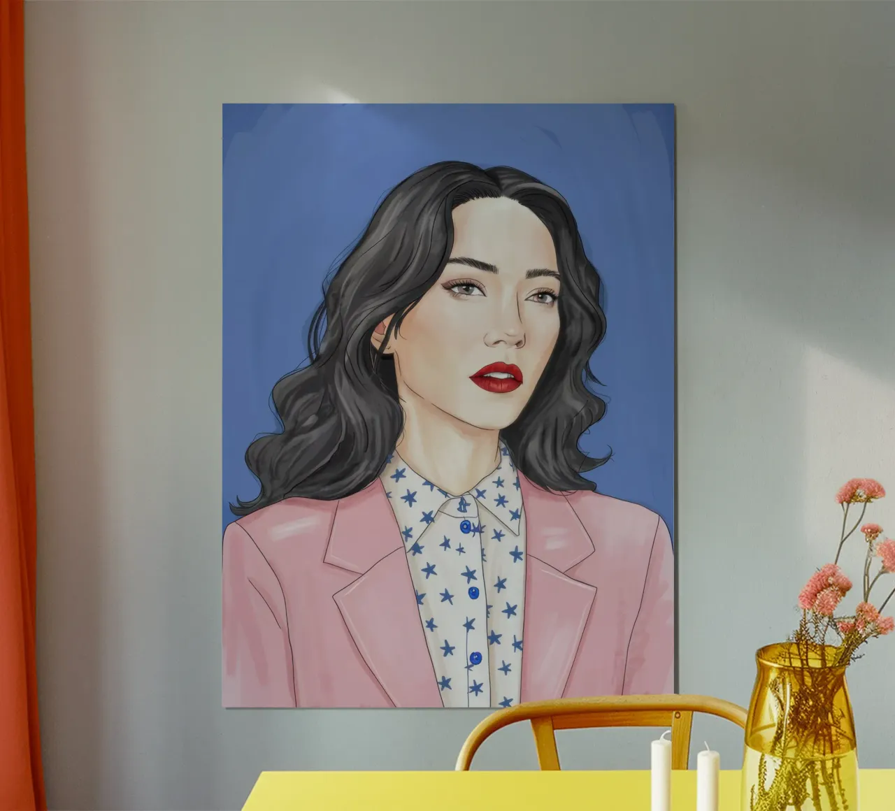 Donna con blazer rosa poster con telaio in legno da Selene Shade