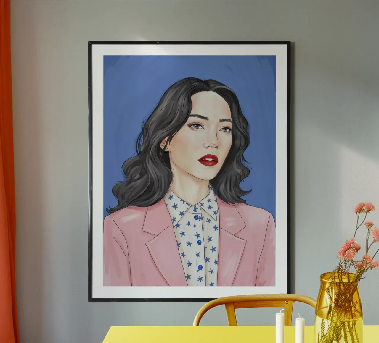 Donna con blazer rosa poster con telaio in legno da Selene Shade