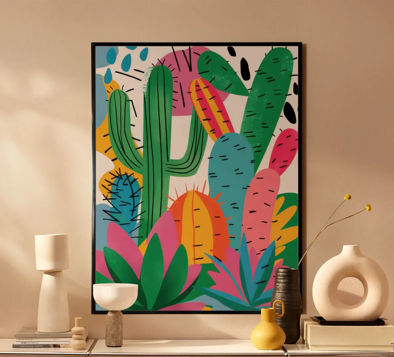 Lebendiger Kaktusgarten Poster mit Kunststoffrahmen von Luna Aura