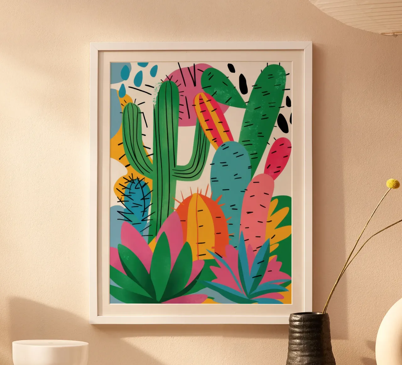 Lebendiger Kaktusgarten Poster mit Kunststoffrahmen von Luna Aura