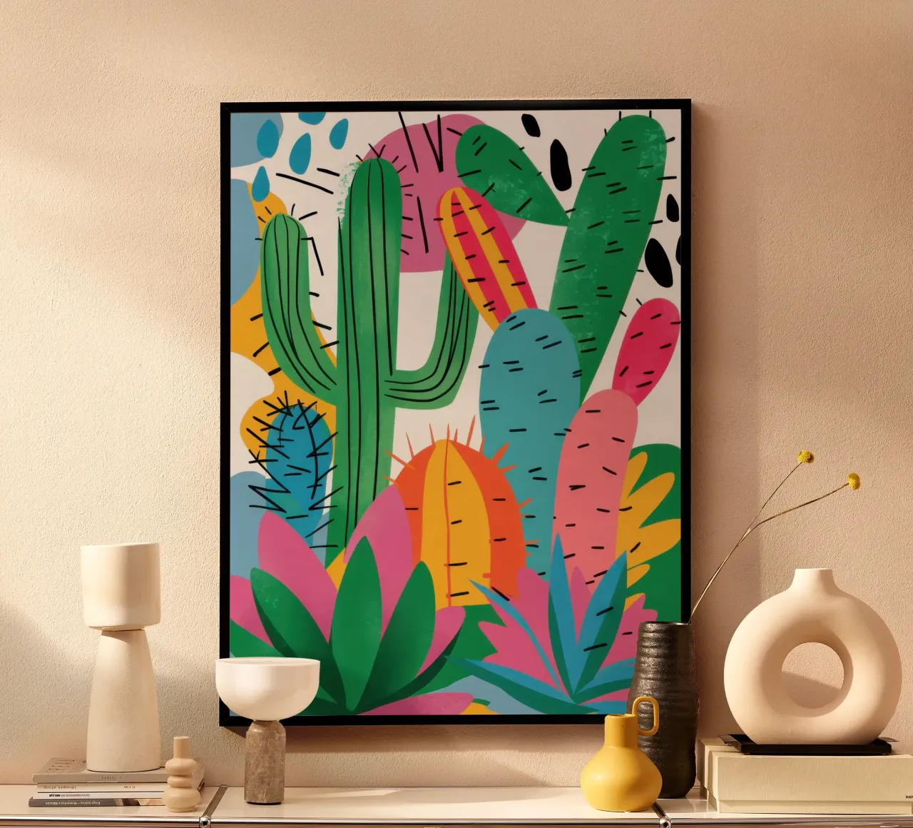 Lebendiger Kaktusgarten Poster mit Kunststoffrahmen von Luna Aura