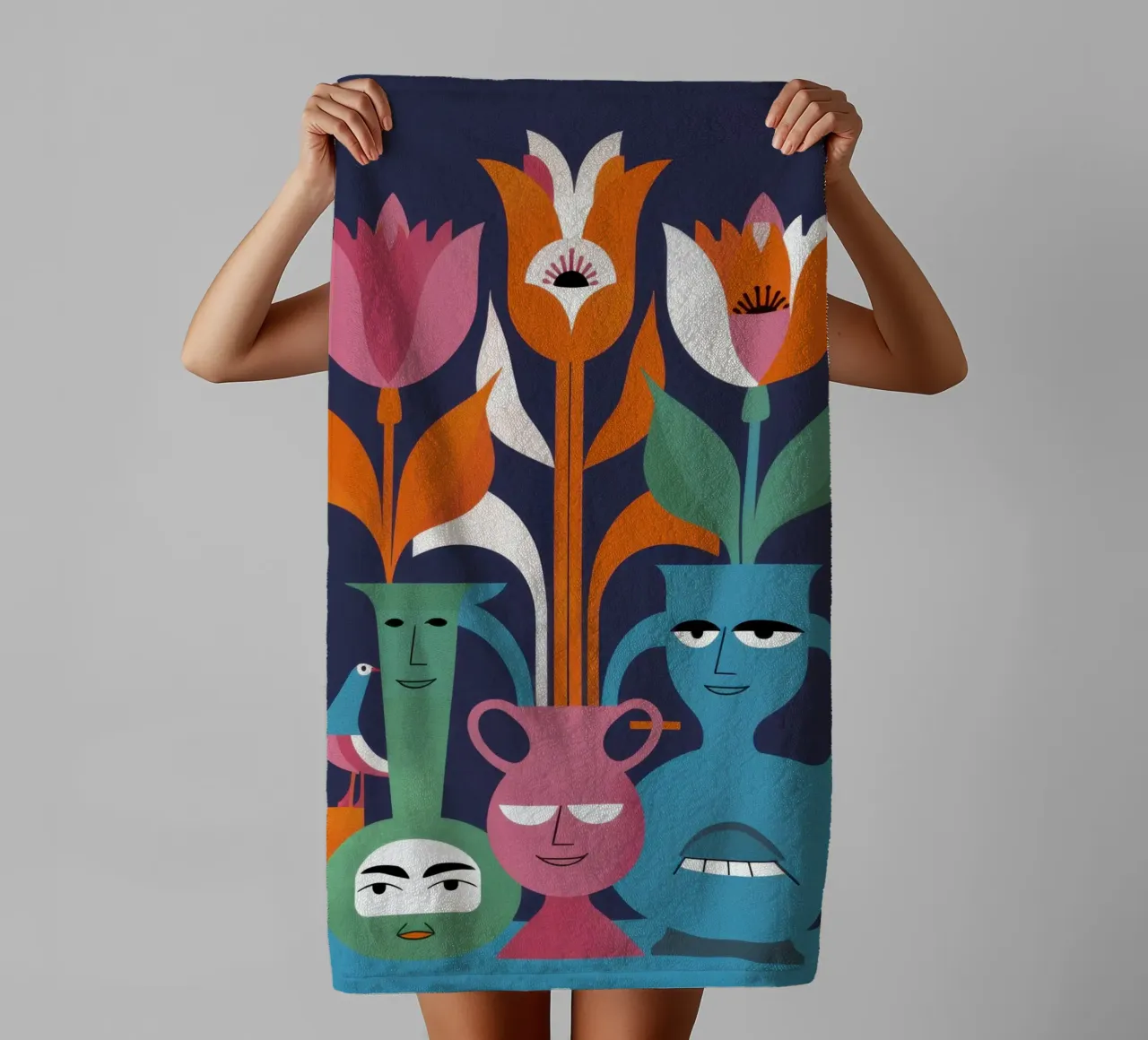 Whimsical Face Vase towel by Thistle Bloom
