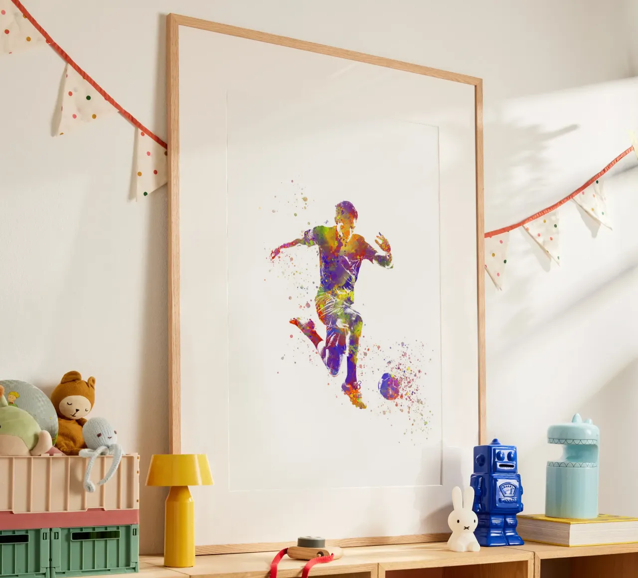 Giocatore di calcio ad acquerello poster con telaio in legno da ⚽ Sports Pulse