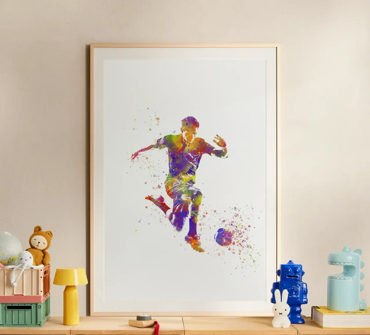 Giocatore di calcio ad acquerello poster con telaio in legno da ⚽ Sports Pulse